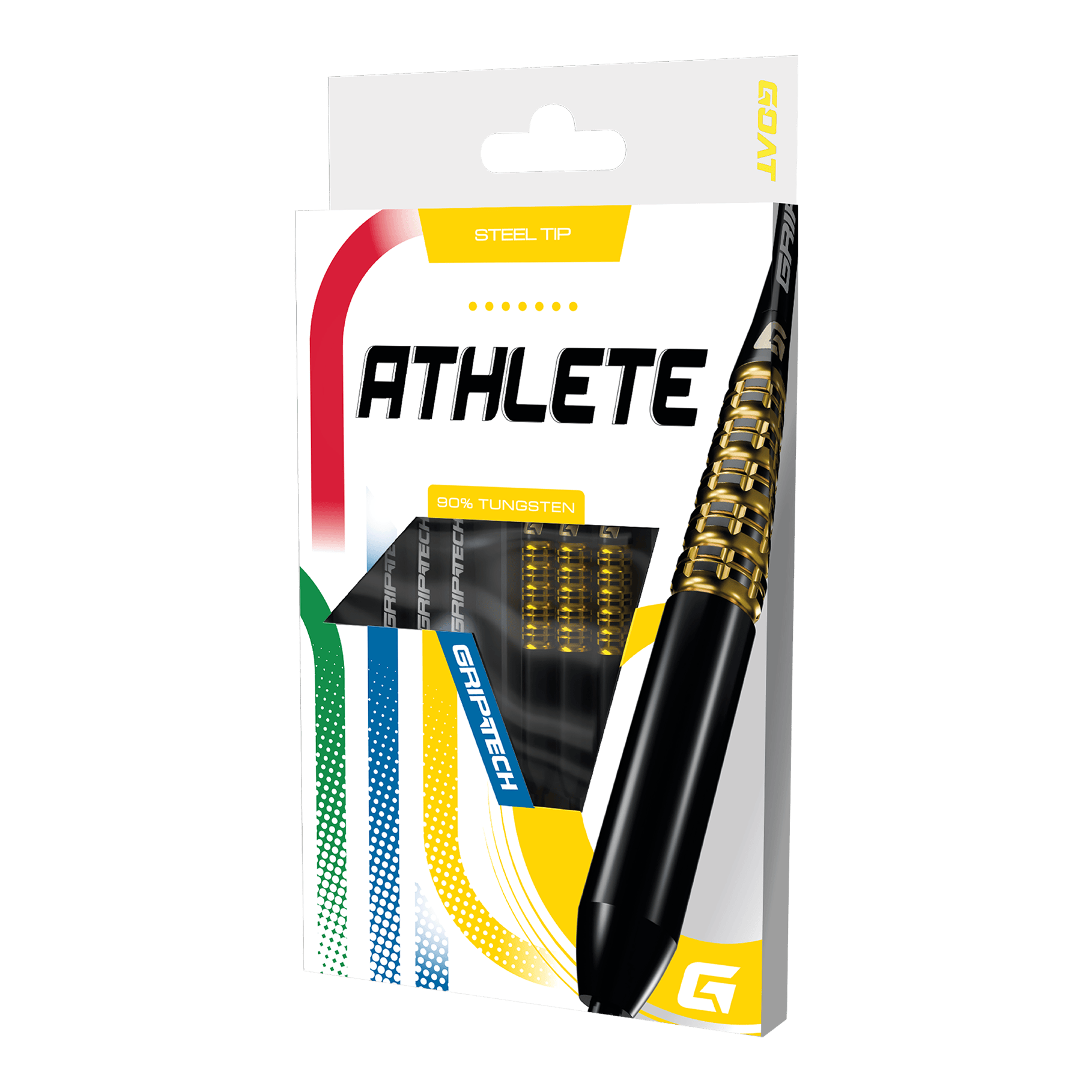 GOAT Athlete Yellow Tungsten Steel Darts Das Foto zeigt einen gelben Tungsten-Steeldart. Das Produkt wird als 'GD7000770 GOAT Athlete Yellow Tungsten Steeldarts 3' bezeichnet.