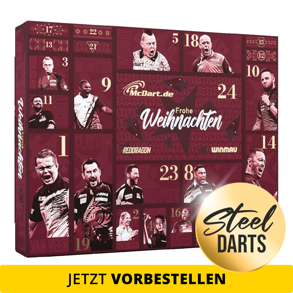 Abgebildet ist der McDart Premium Adventskalender 2026 für Steeldart-Spieler. Das Design hebt die exklusive Premium-Edition hervor.