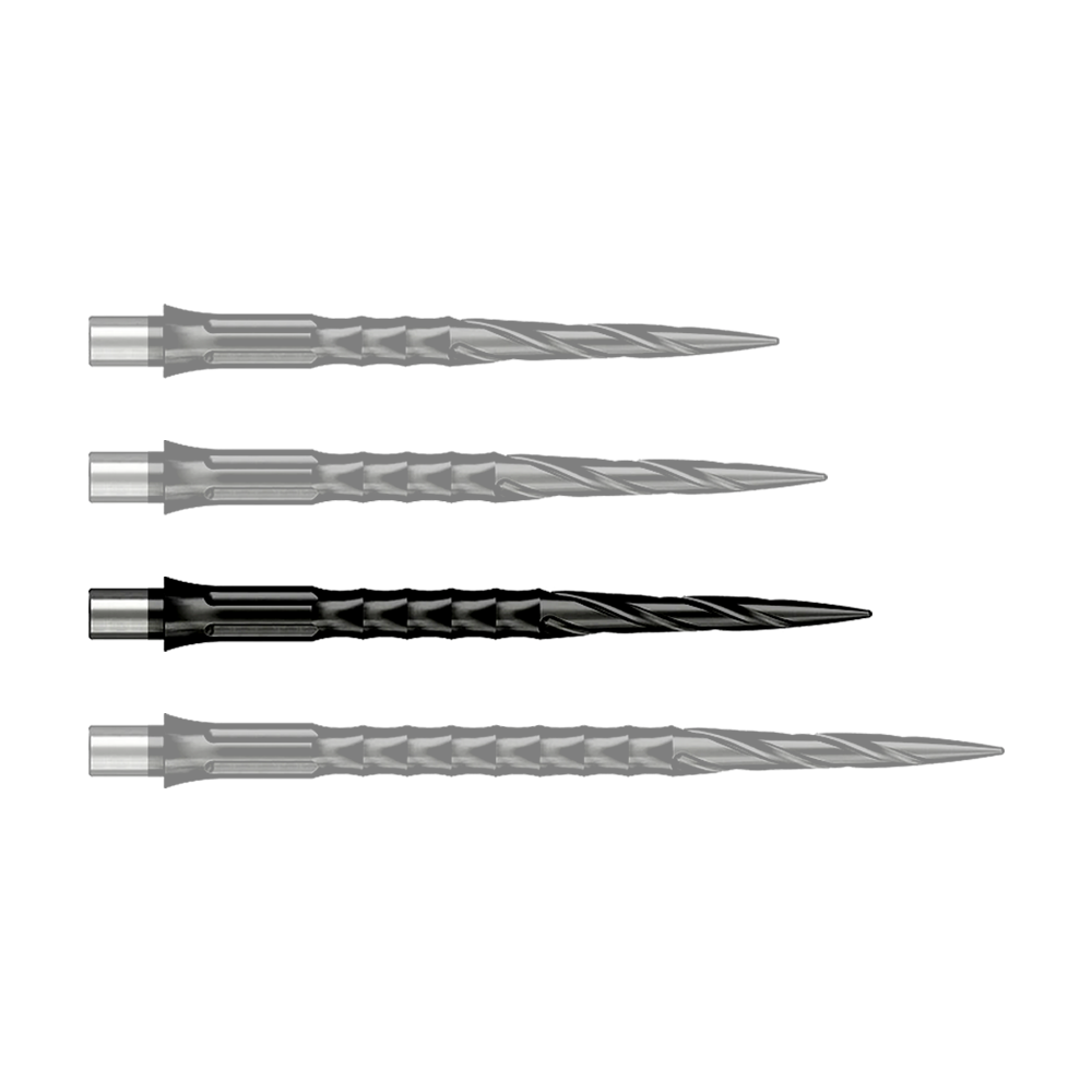 Caliburn System steel dart tips - Spiro - No Lip - Black Dieses Bild stellt eine einzelne Steeldartspitze des Caliburn Evo Systems, Spiro NoLip Black, 36mm dar. Die Spitze ist schwarz und für präzises Dartswerfen gefertigt.