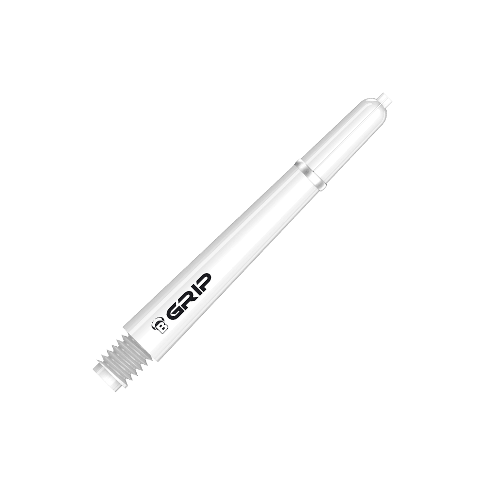 Das Bild zeigt einen weißen Bulls B-Grip-2 SL Schaft für Dartpfeile. Auf dem Schaft ist das Wort "GRIP" in schwarzer Schrift zu sehen.