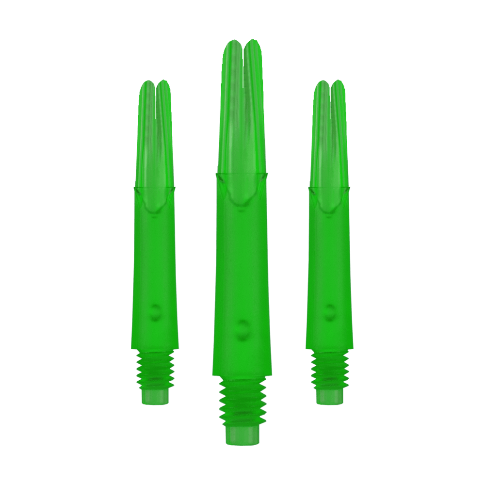 L-L-Style-Shafts Locked Straight - Green L-Style L-Shafts Locked Straight, spezielle Farbe, längeres Set. Das Foto zeigt drei lange Dart-Schäfte aufgereiht.