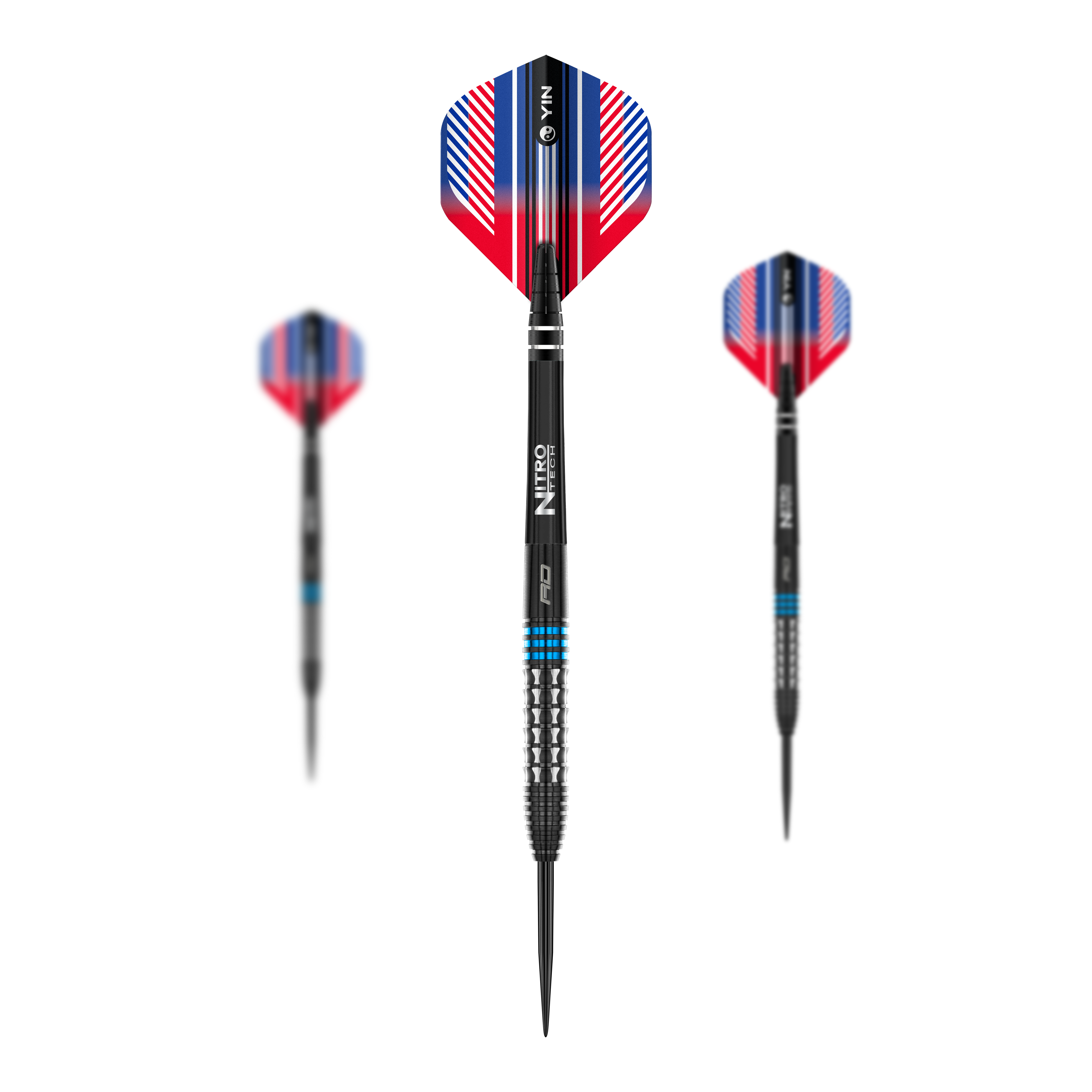 Red Dragon Vengeance Blue Steel Darts Das Bild zeigt drei Steeldarts des Produkts 'Red Dragon Vengeance Blue'. Die Darts haben schwarze Spitzen, silberne Griffe mit blauen Ringen und auffällige Flights in Rot, Blau und Weiß.