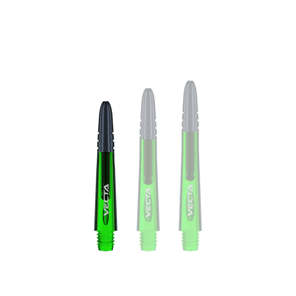 7025-104_Winmau_Vecta_Shafts_Gr-n_34mm_1 Das Bild zeigt drei grüne Winmau Vecta Shafts in unterschiedlichen Längen. Die Spitzen der Shafts sind schwarz und auf jedem steht der Schriftzug "Vecta".