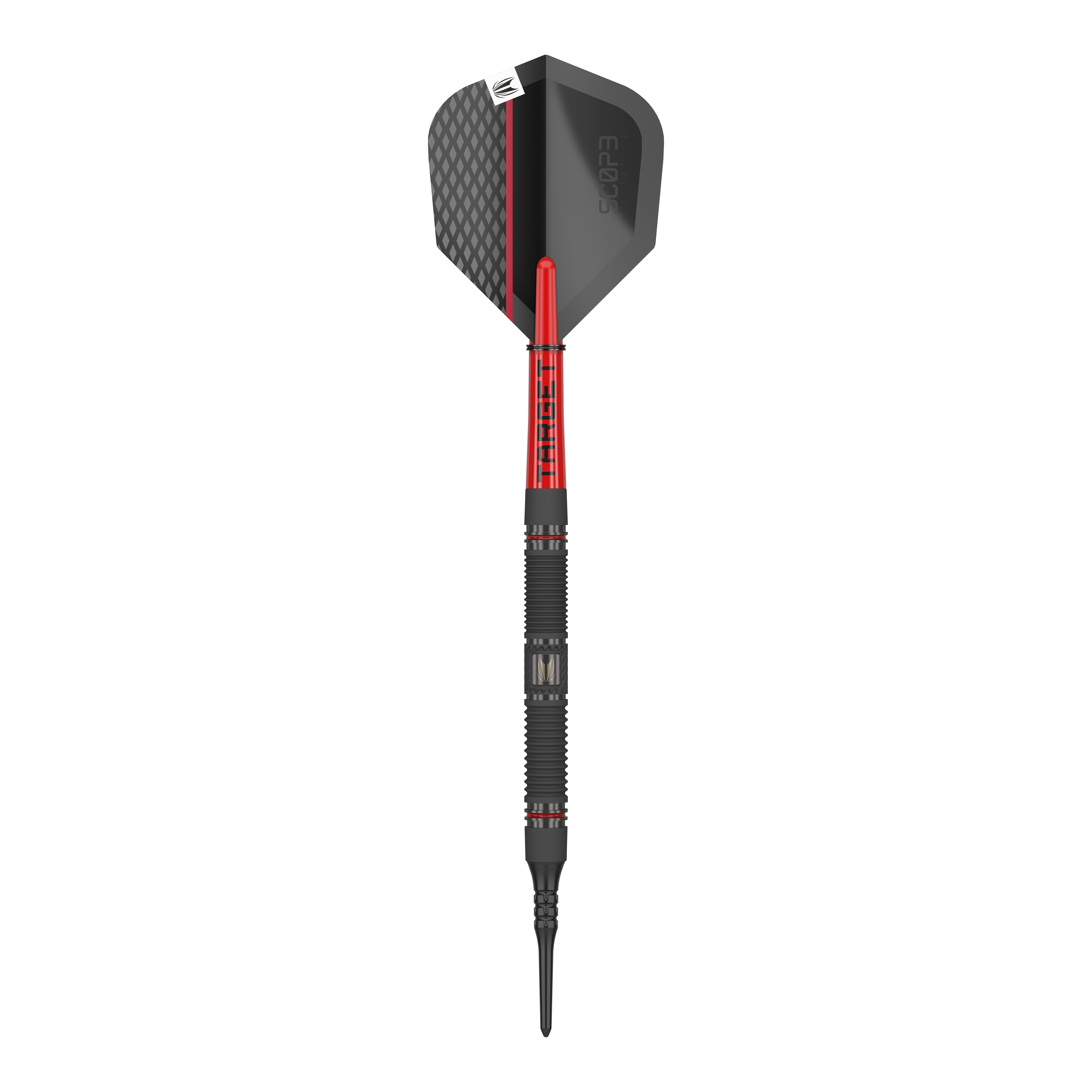 Target Scope 10 Soft Darts Das Bild zeigt einen Target Scope 10 Softdart. Der Dartpfeil hat ein schwarzes und rotes Design mit einer strukturierten Spitze und einer schwarzen Flight.