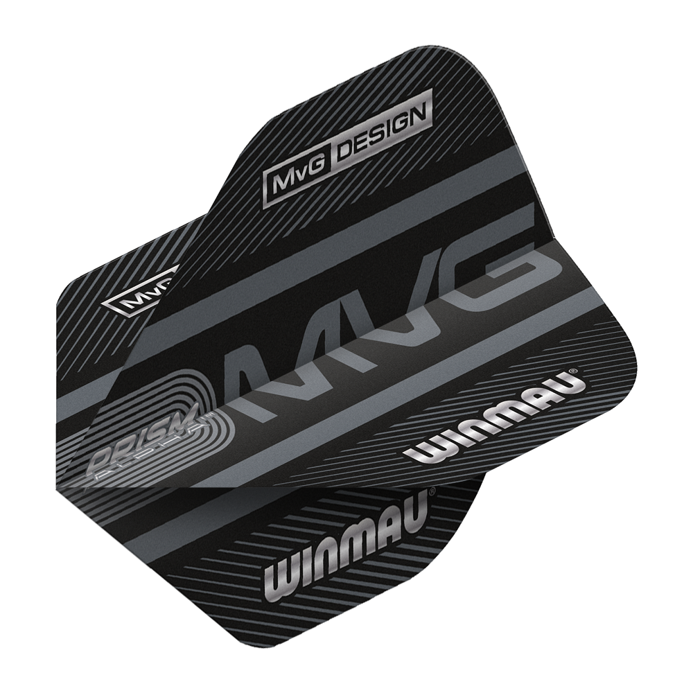 6915-187_Winmau_Prism_Alpha_MvG_Standard_Flights_2 Das Bild zeigt die Winmau Prism Alpha MvG Standard Flights für Dartpfeile. Die Flights sind schwarz mit silbernen Schriftzügen und modernen Designelementen versehen.