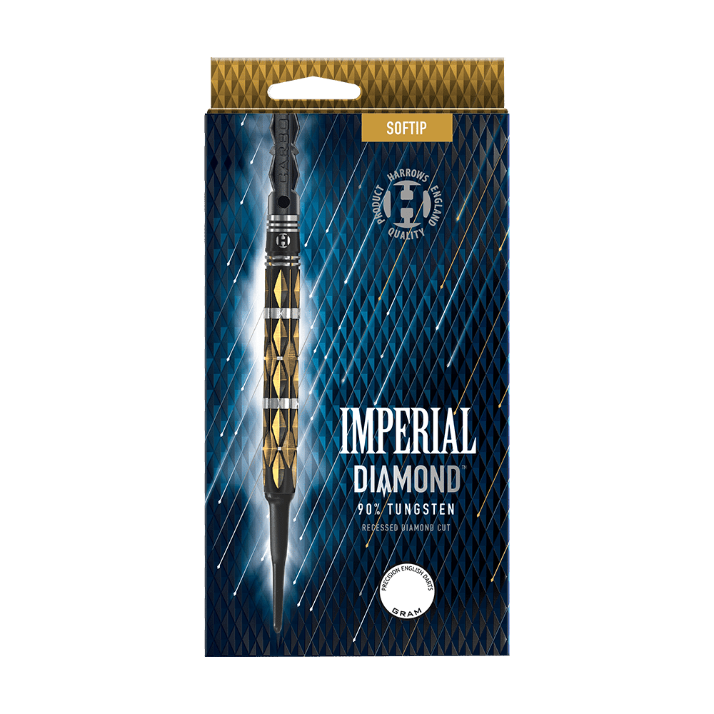 HA33454_Harrows_Imperial_Diamond_Softdarts_3 Die Abbildung zeigt die Verpackung der "Harrows Imperial Diamond Softdarts". Die Verpackung ist blau-gold mit einem Bild eines Softdarts und den Produktinformationen auf der Vorderseite.