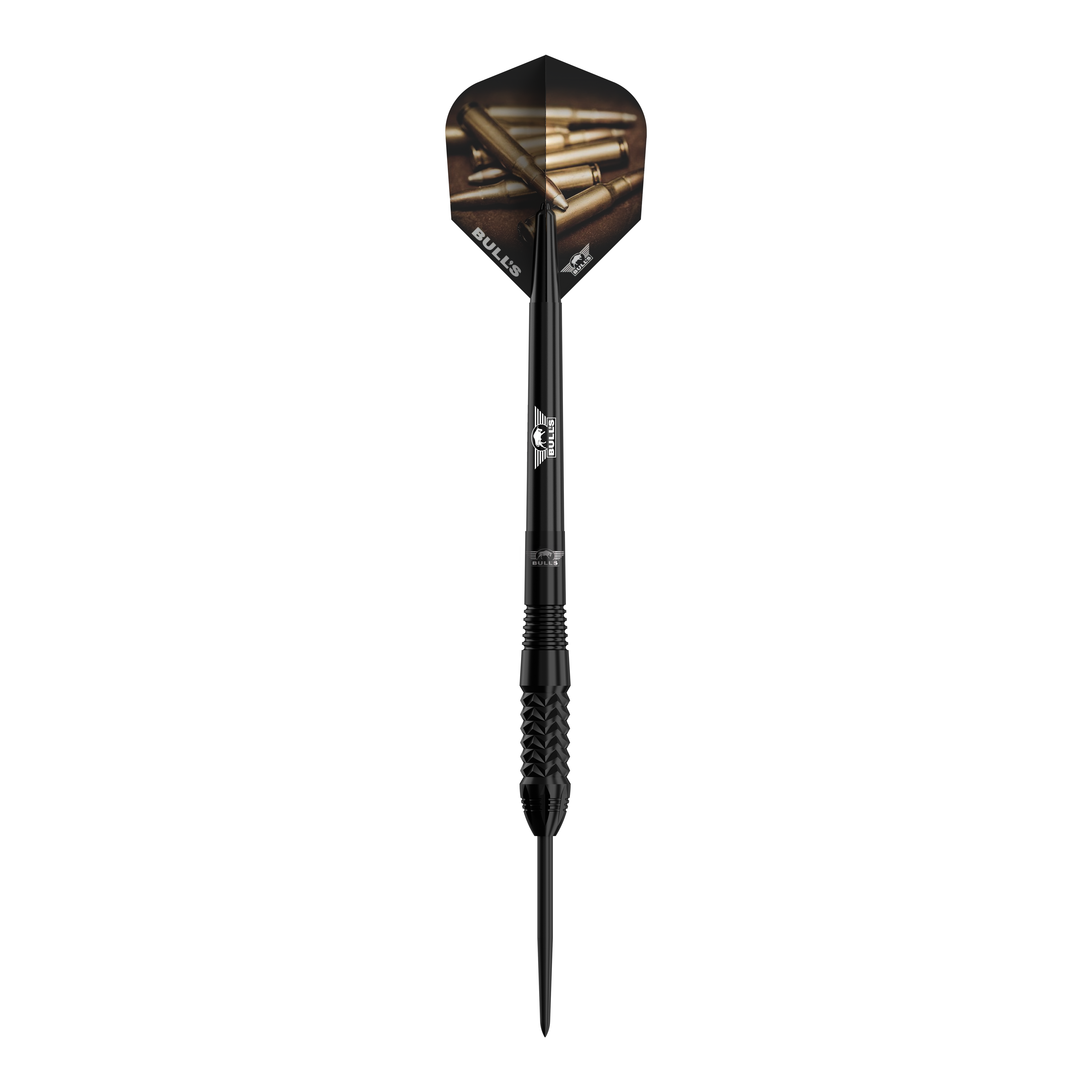 Bulls NL Caliber Black steel darts Der Bulls NL Caliber Black Steeldart ist ein eleganter, schwarzer Steeldartpfeil. Die Flights zeigen ein Motiv mit Patronenhülsen und das Bulls-Logo ist auf dem Schaft zu sehen.
