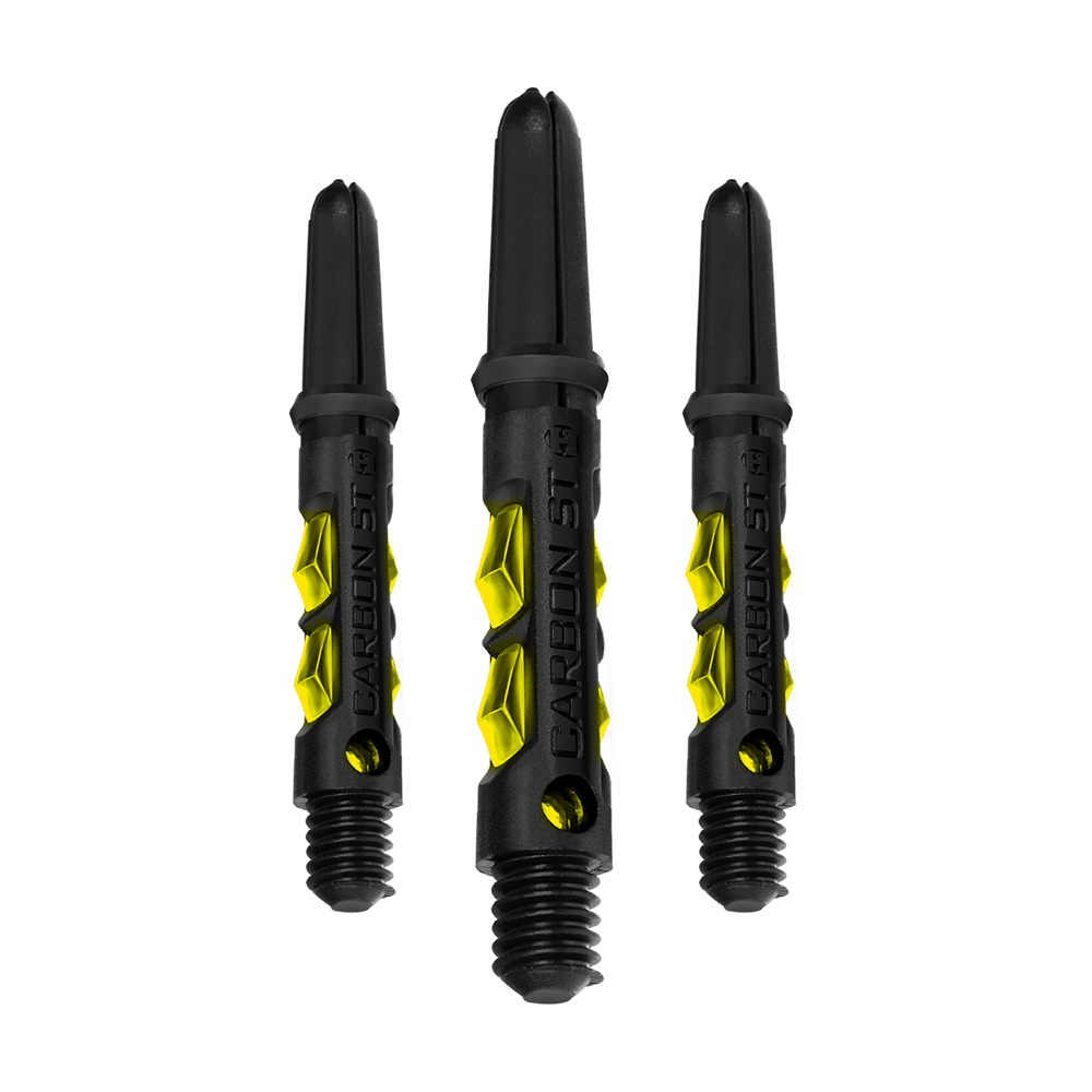 HR419_Harrows_Carbon_ST_Shafts_Gelb_33mm_1fut69ElLbL6Dh Das Bild zeigt drei Harrows Carbon ST Shafts in Gelb. Die Schäfte sind schwarz mit gelben Akzenten und haben eine robuste, moderne Optik.