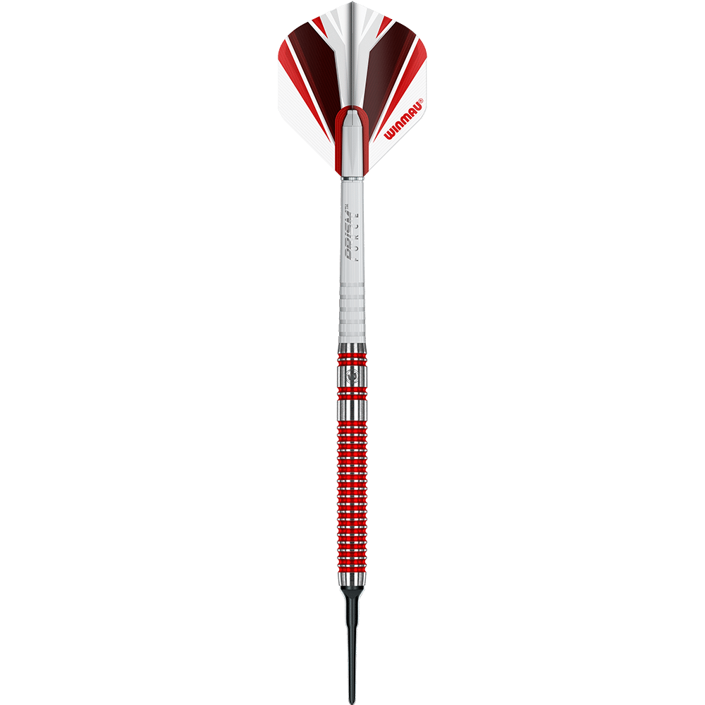 2429_Winmau_Overdrive_Softdarts_1JFsfRHw6pkaup Das Bild zeigt einen Winmau Overdrive Softdart mit einem Gewicht von 20 Gramm. Der Dart hat ein silbernes und rotes Design mit einem roten Winmau-Flight.