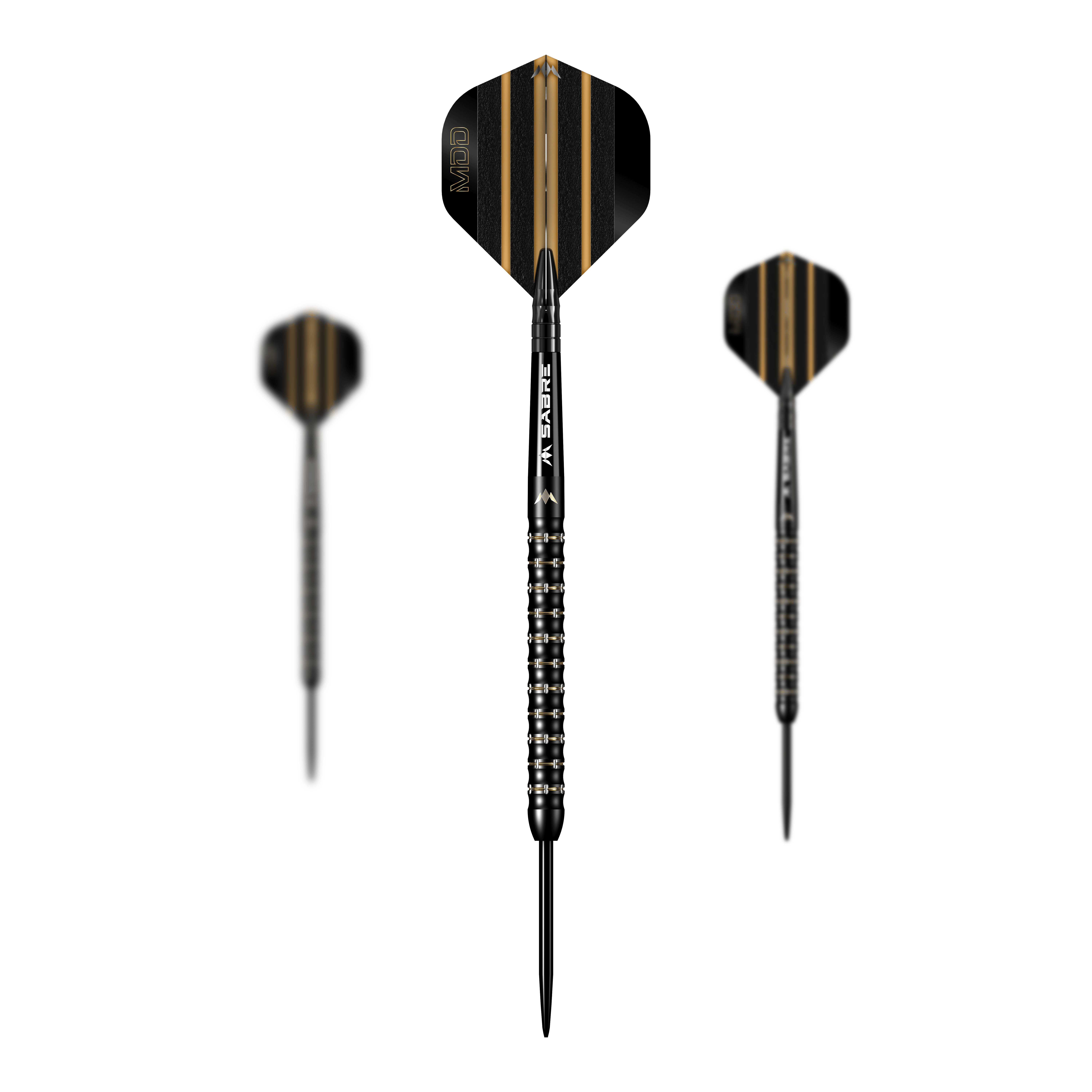 Mission Mike De Decker MDD Black Gold Steeldarts Das Bild zeigt drei Steeldarts des Modells "Mission Mike De Decker MDD Black Gold". Die Darts sind schwarz-gold gestaltet und besitzen ein modernes, auffälliges Design.