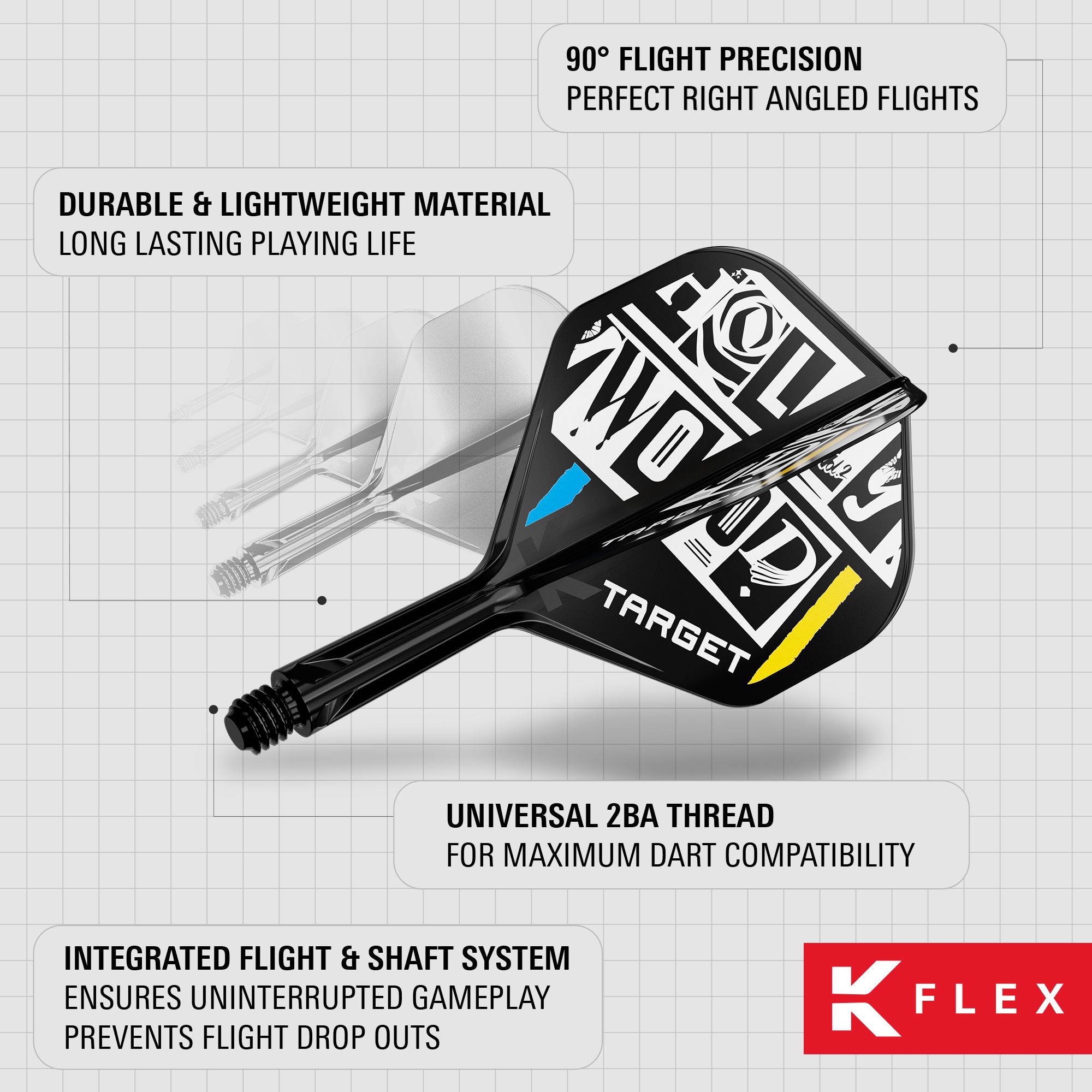 Target K-Flex Chris Dobey No2 Standard Flight Shaft System Das Bild zeigt das Produkt "Target K-Flex Chris Dobey No2 Standard Flights" für Darts. Es hebt die langlebigen und leichten Materialien, die präzisen 90°-Flüge sowie das integrierte Flight- und Schaftsystem hervor.