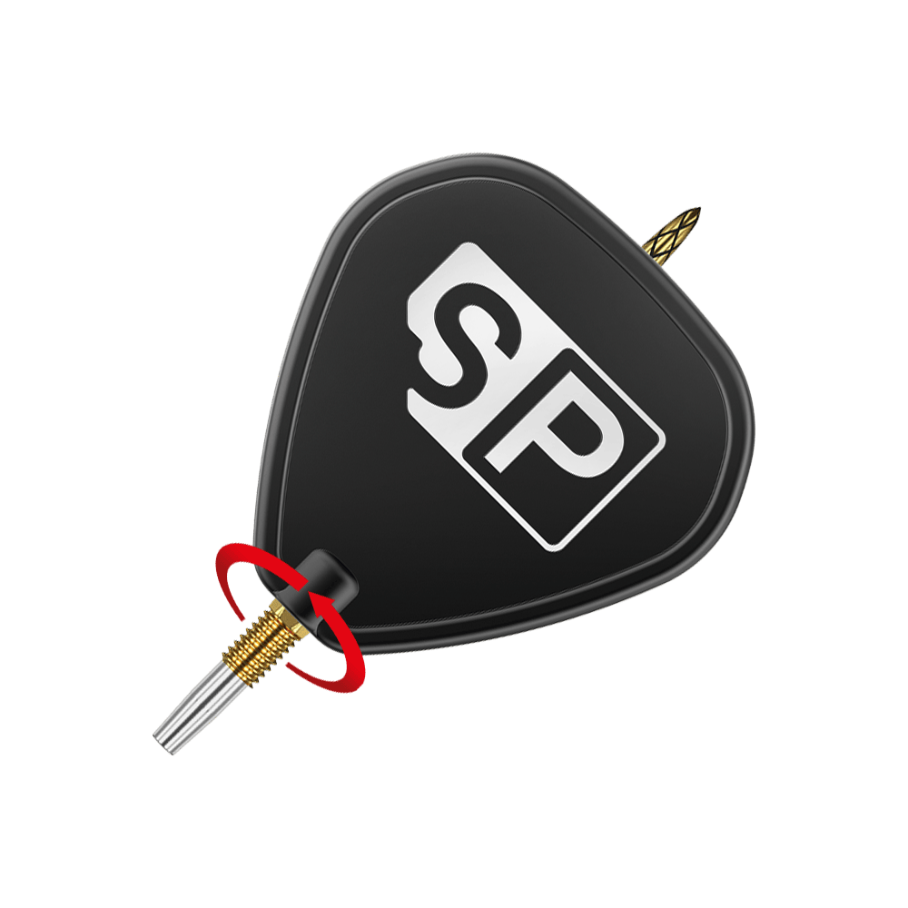 Target Swiss DS Surge Point Dart Tips - Gold Das Bild zeigt eine schwarze Dartspitze mit der Aufschrift "SP" auf dem Flight. Ein roter Pfeil zeigt eine Drehbewegung an der goldenen Verschraubung der Spitze.