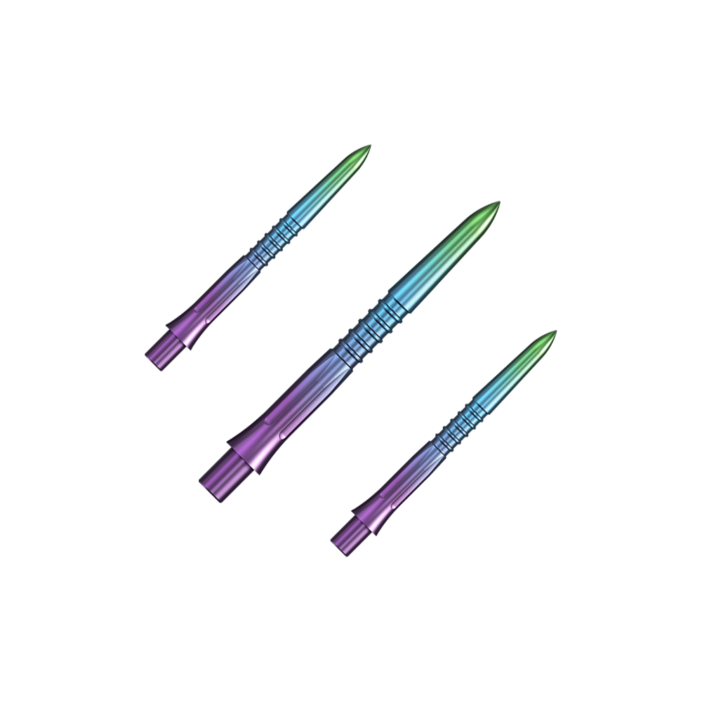 Das Bild zeigt Steeldartspitzen in Regenbogenfarben mit einer Länge von 26 mm. Es handelt sich um ein Set namens Mission Caliburn EVO GV1.