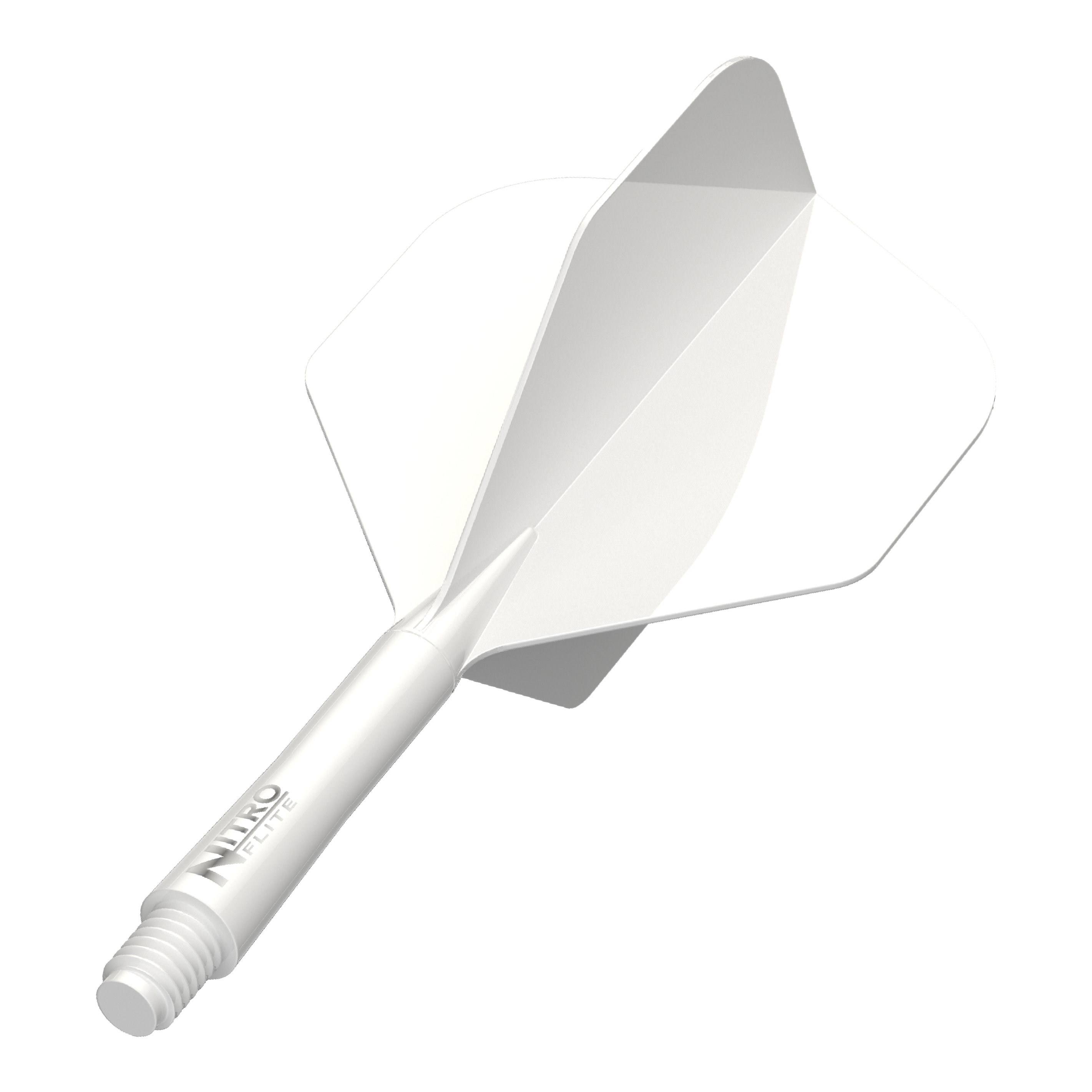Red Dragon Nitroflite White Shaft White Flights No2 Das Bild zeigt das Produkt Red Dragon Nitro Flite Solid White and White Intermediate. Ein weißer Dart-Schaft mit weißen Flights ist zu sehen.