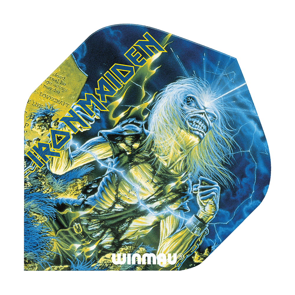 6905-240_Winmau_Iron_Maiden_Life_After_Death_Standard_Flights_1 Das Bild zeigt ein Dartflight mit dem Motiv des Iron Maiden Albums "Life After Death". Auf dem Flight sind der Bandname, ein Skelett und der Schriftzug "Winmau" zu sehen.