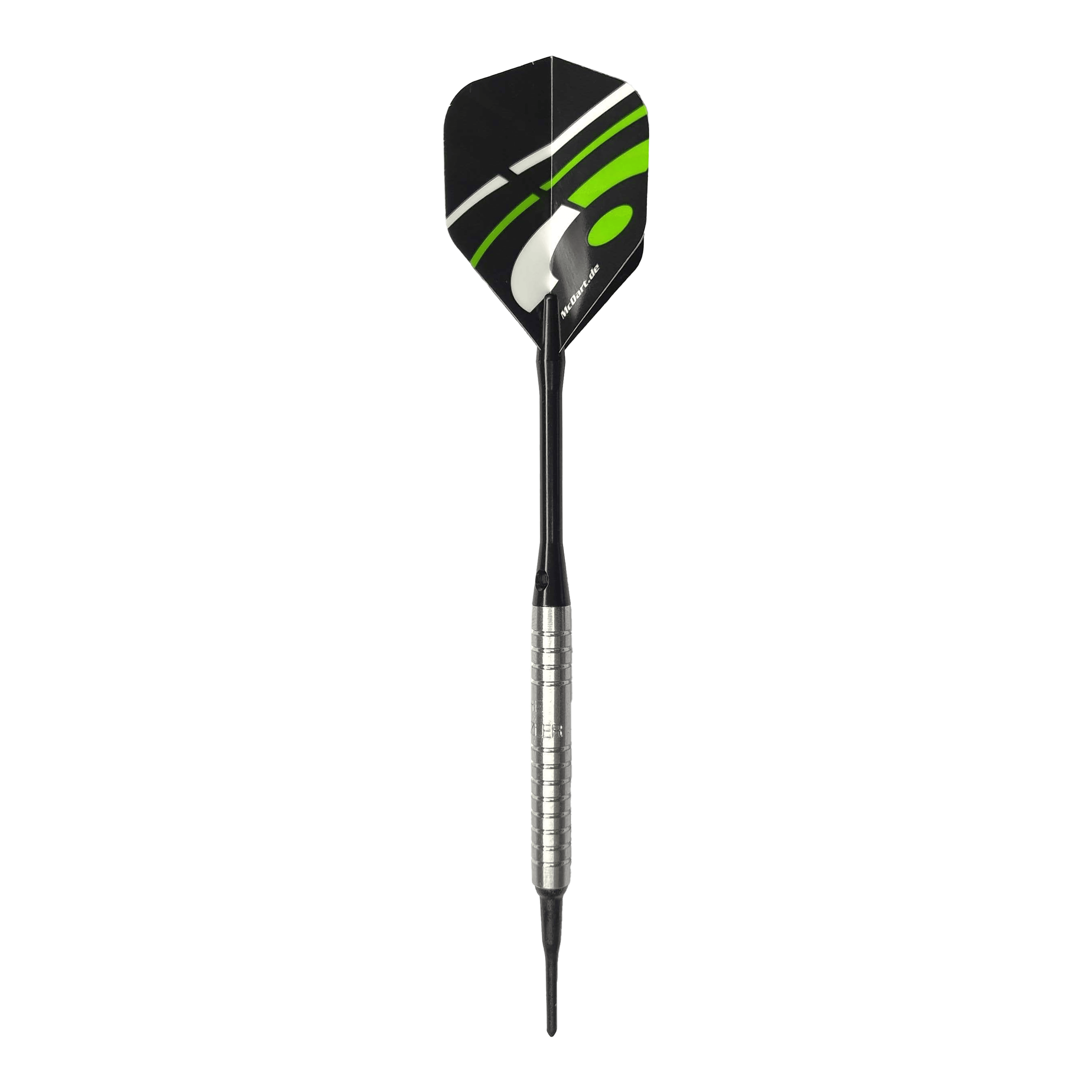 McDart 85 Tungsten V16 soft darts - 16.5g Das Bild zeigt einen McDart 85er Tungsten V16 Softdart mit einem Gewicht von 16,5g. Der Dart besitzt einen silbernen, gerillten Barrel und schwarze sowie grüne Akzente auf dem Flight.