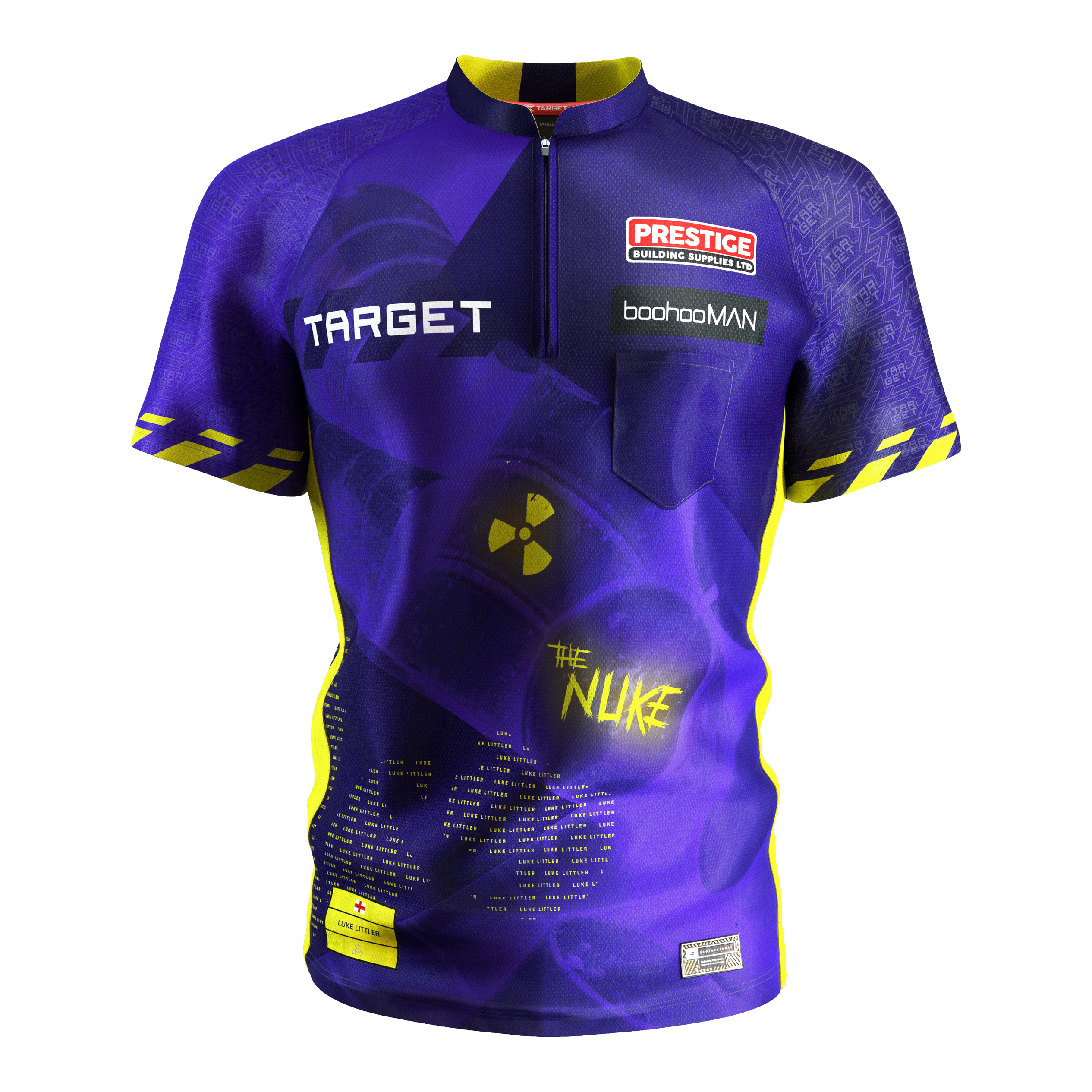 Target Coolplay Luke Littler 2025 dart shirt Das Bild zeigt das "Target Coolplay Luke Littler 2025 Dartshirt" in leuchtenden Lila- und Gelbtönen. Auf dem Shirt sind verschiedene Logos, Schriftzüge und ein auffälliges Symbol mit der Aufschrift „The Nuke“ zu sehen.