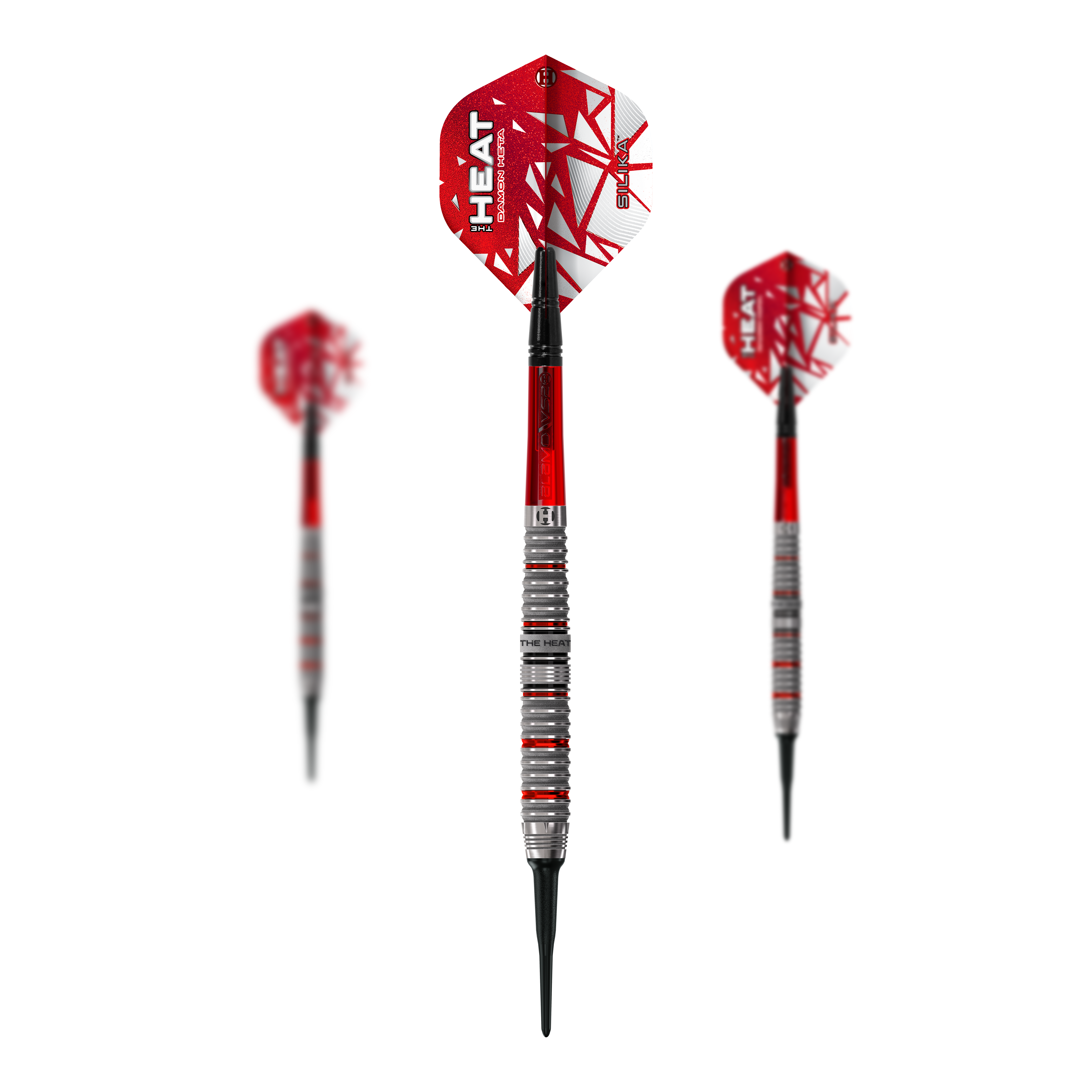 Das Bild stellt das Set Harrows Damon Heta Series 4 Softdarts dar. In diesem Set sind mehrere Softdarts enthalten.