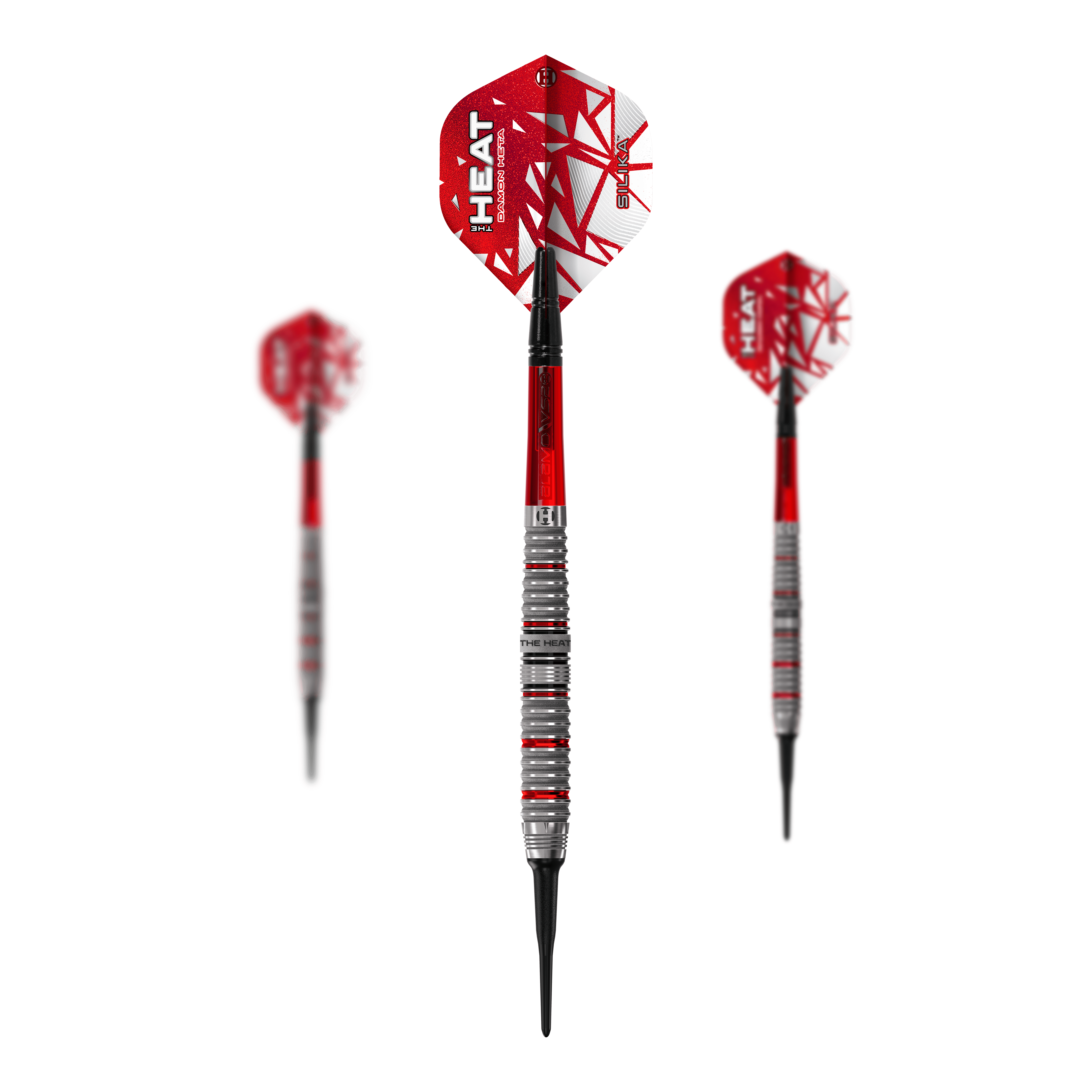 Harrow's Damon Heta Series 4 soft darts Das Bild stellt das Set Harrows Damon Heta Series 4 Softdarts dar. In diesem Set sind mehrere Softdarts enthalten.