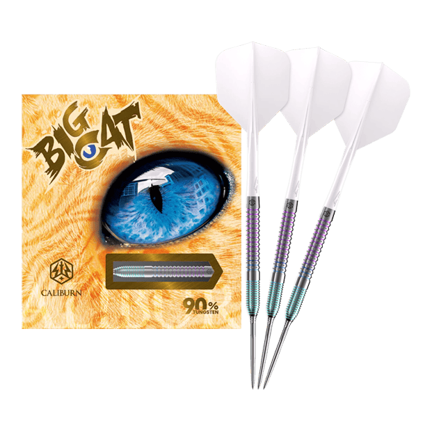 Caliburn Big Cats Ocelot steel darts Caliburn Big Cats Ozelot Steeldarts mit einem Gewicht von 23g. Das Bild zeigt die gesamte Länge des Dartpfeils.