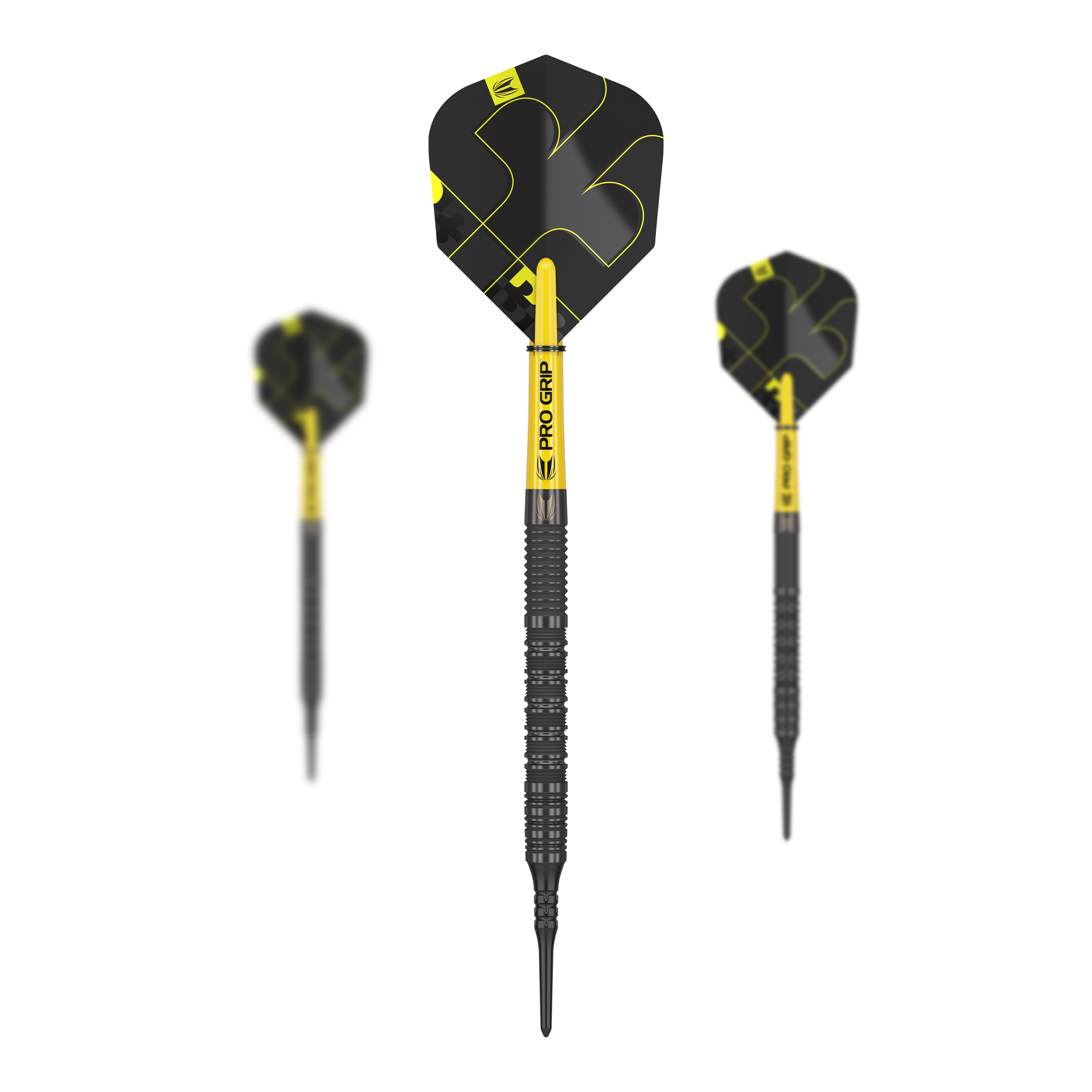 Target Bolide Void 10 soft darts Das Bild zeigt drei Softdarts des Produkts "Target Bolide Void 10". Die Darts sind schwarz-gelb gestaltet und haben den Schriftzug "PRO GRIP" auf dem Schaft.