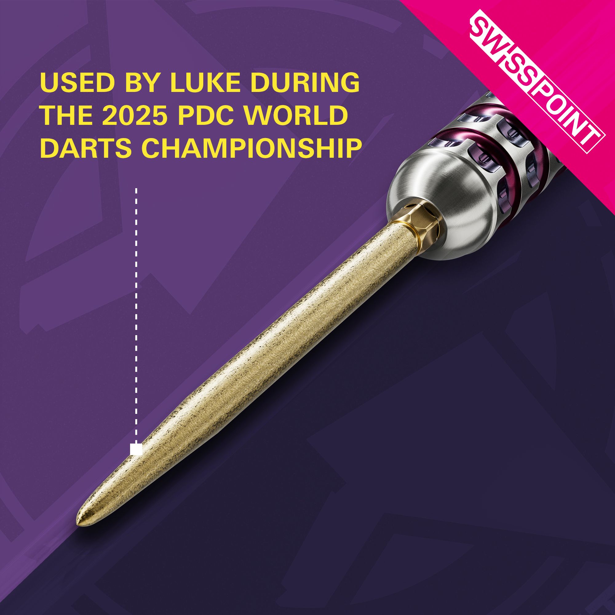 Target Swiss Point SLK dart tips - gold Auf dem Bild ist die goldene Target Swiss Point SLK Dartspitze zu sehen. Im Text wird hervorgehoben, dass sie von Luke während der PDC Darts-Weltmeisterschaft 2025 benutzt wurde.