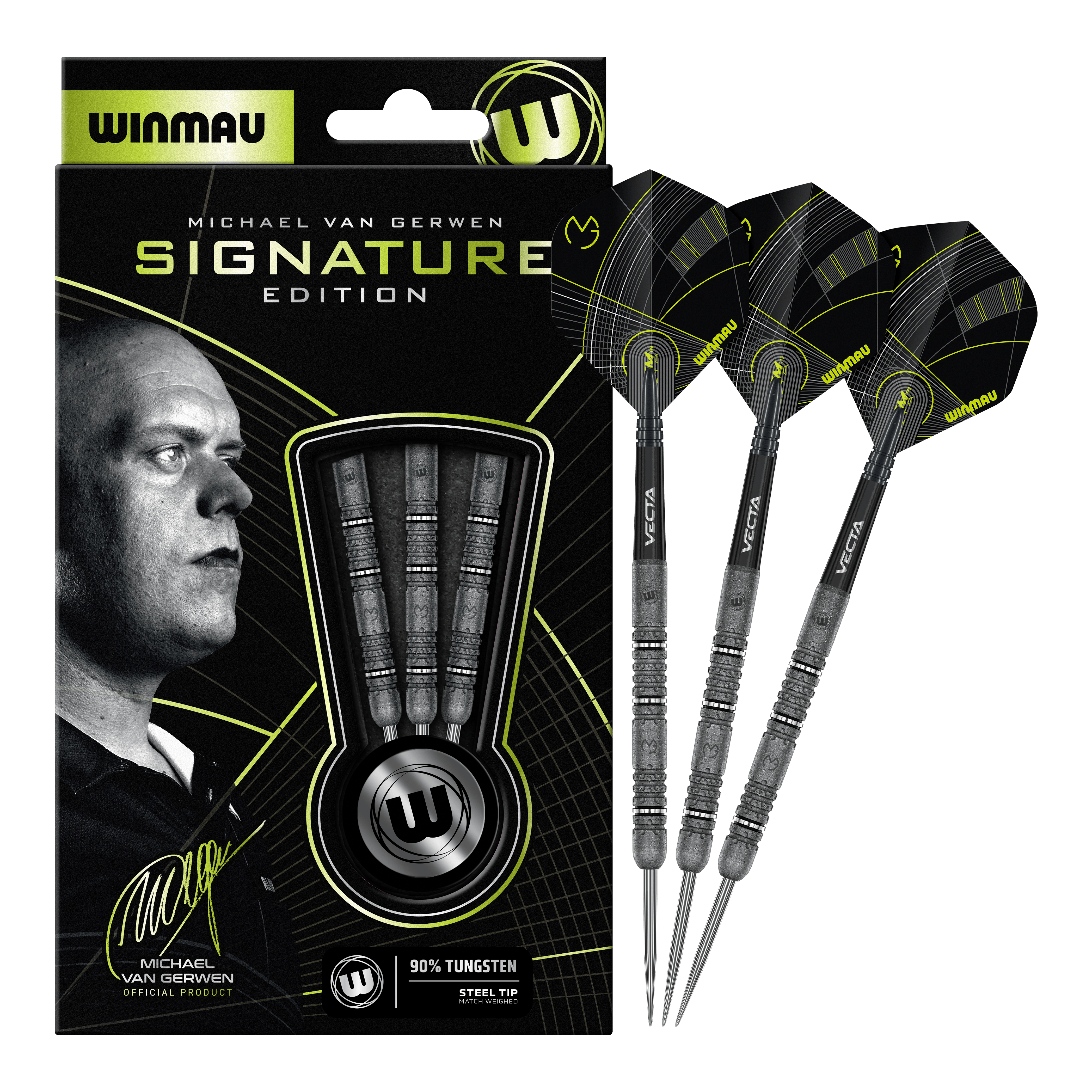 Winmau Michael Van Gerwen Signature Edition Steeldarts Zu sehen sind die Winmau Michael Van Gerwen Signature Edition Steeldarts. Das Produkt wurde in Zusammenarbeit mit dem Dartspieler Michael Van Gerwen entwickelt.