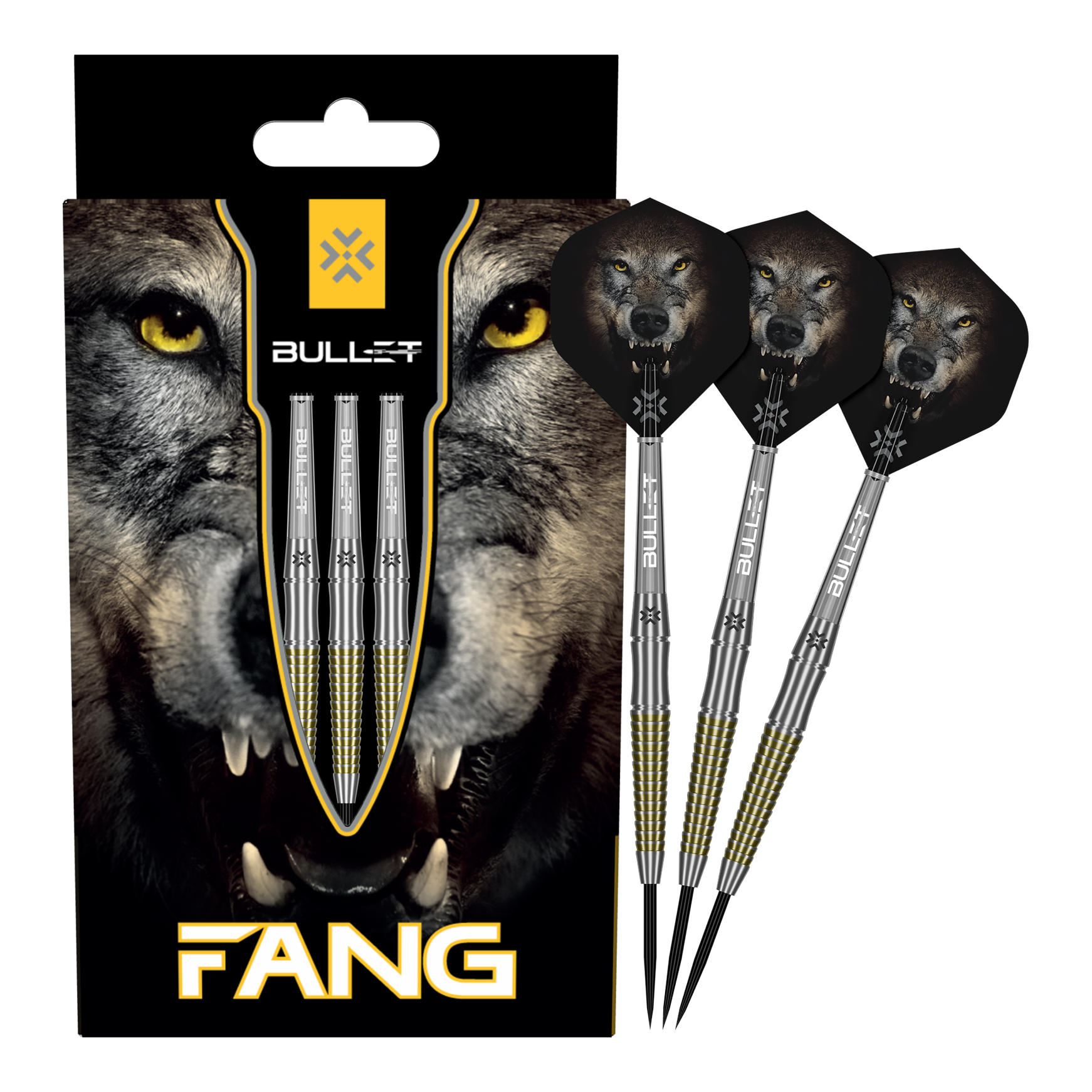 Bullet Fang steel darts Auf dem Bild sind die Bullet Fang Steeldarts komplett zu sehen. Die Steeldarts sind in voller Länge dargestellt.