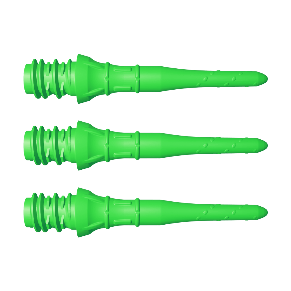 L-Style Premium Lippoints Short (30er Pack) Das Bild zeigt drei kurze, grüne Dartspitzen in einer Reihe. Sie sind identisch und haben ein leuchtendes Neon-Grün.