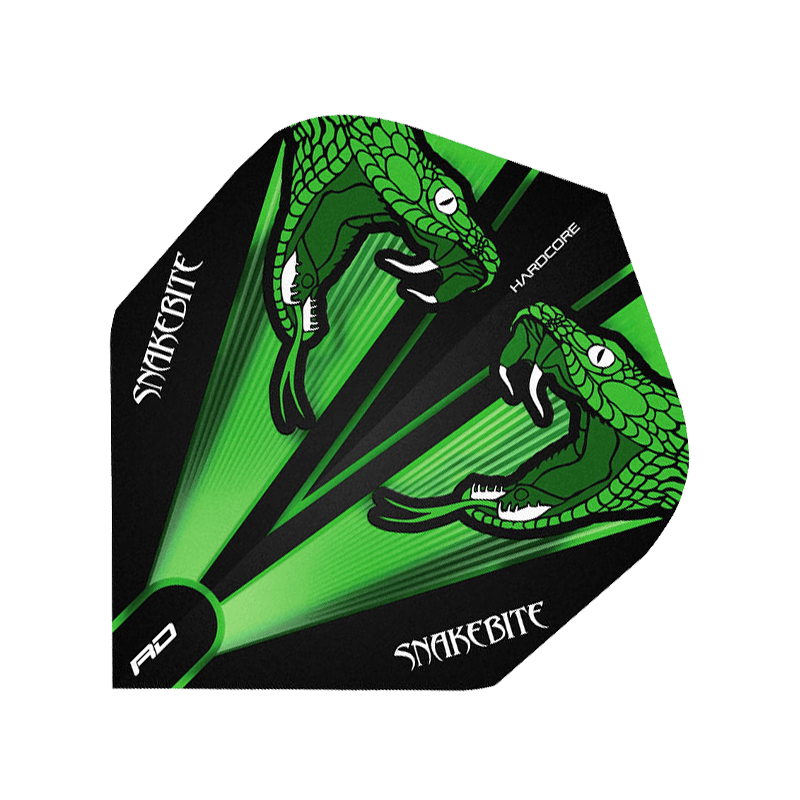 Peter-Wright-green Das Bild zeigt ein Dartflight mit grünem und transparentem Design. Darauf sind zwei grüne Schlangenköpfe und der Schriftzug "SNAKEBITE" abgebildet.