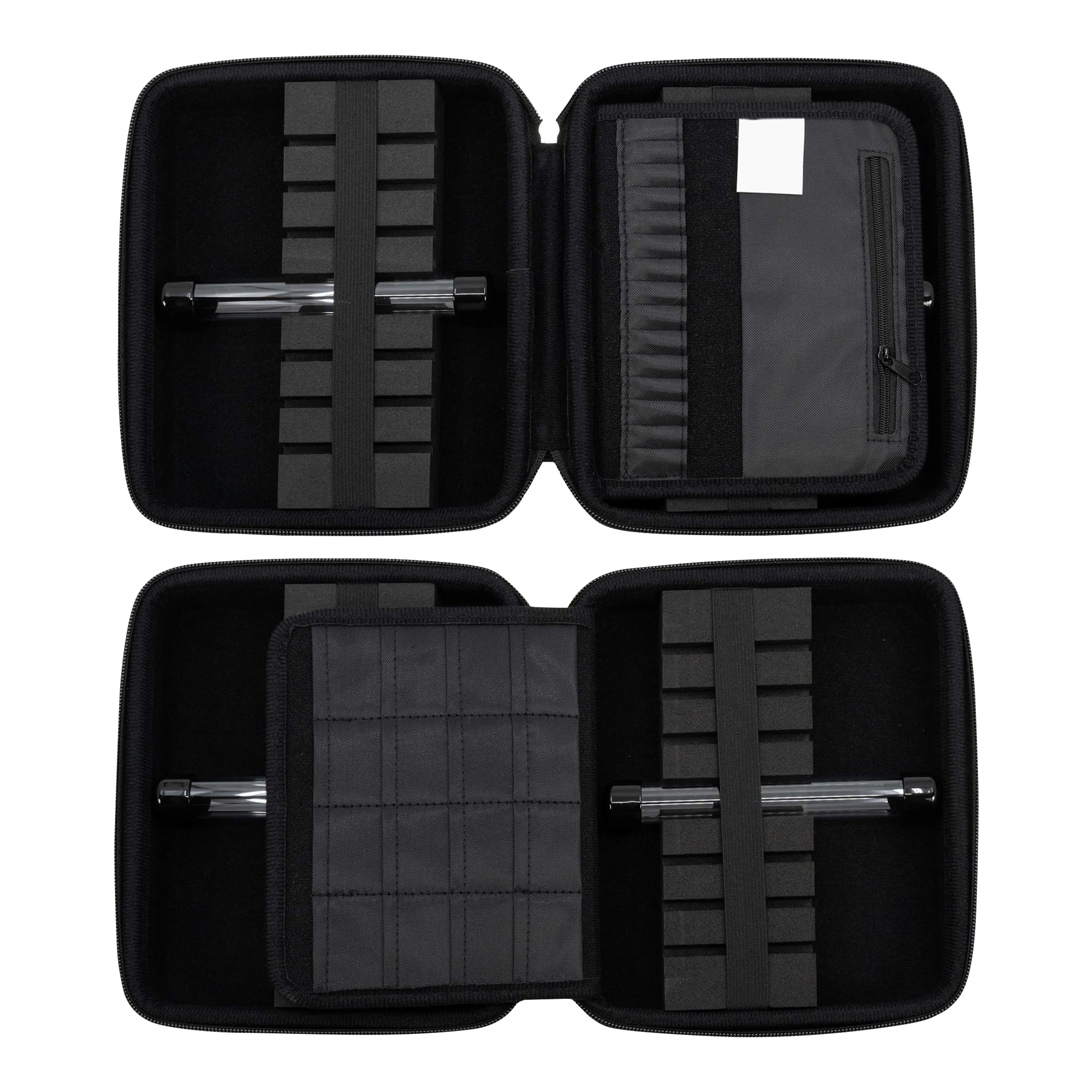 GOAT Locker XXL Dart Wallet Das Bild zeigt das geöffnete GOAT Locker XXL Dartwallet mit mehreren Fächern und Halterungen für Dartzubehör. Die Darttasche ist schwarz und bietet viel Platz zur sicheren Aufbewahrung.