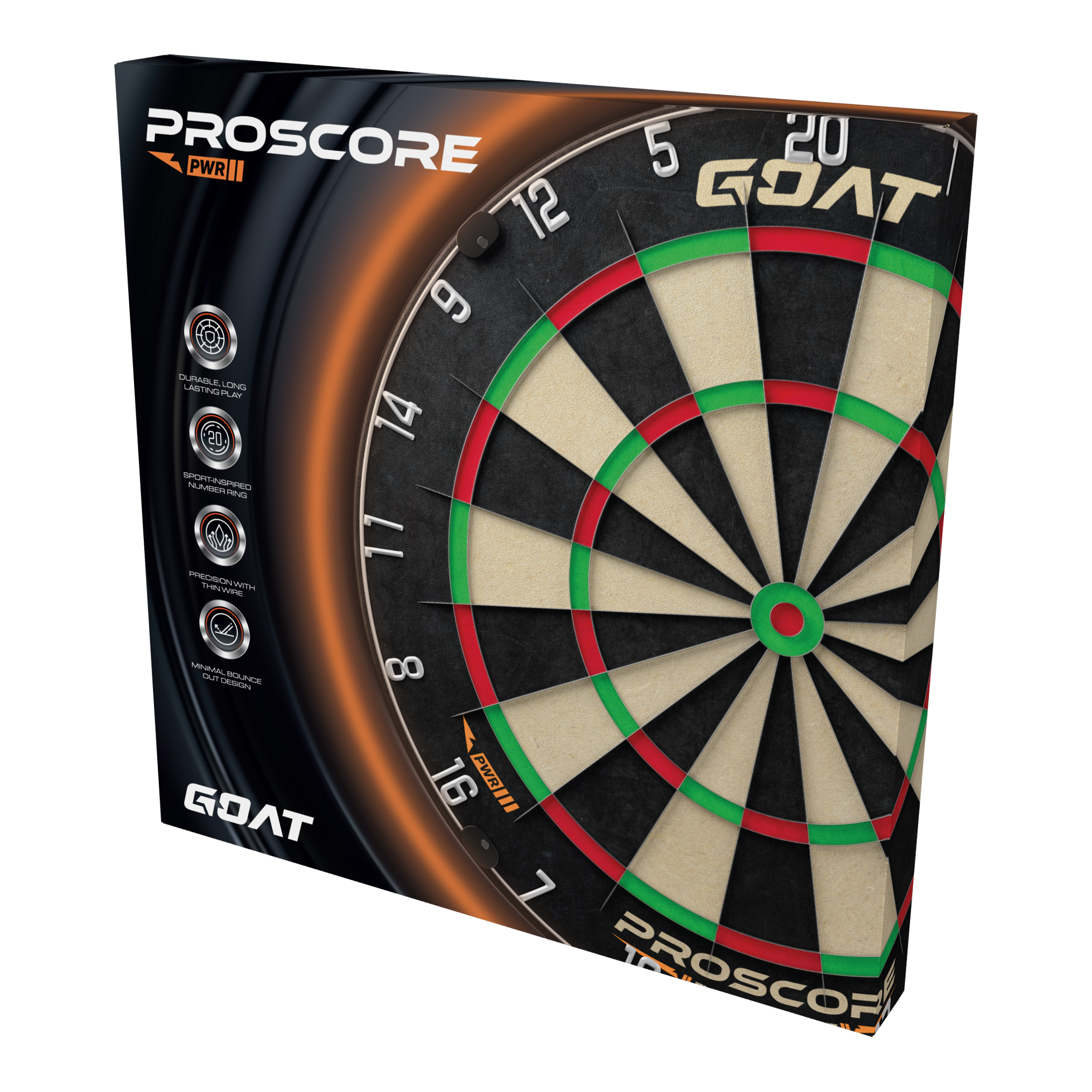 GOAT Proscore PWR steel dartboard Die Abbildung zeigt das Produkt „GOAT Proscore PWR Steeldartboard“ in seiner Verpackung. Auf der Box sind das Dartboard und verschiedene Produkthighlights sichtbar.