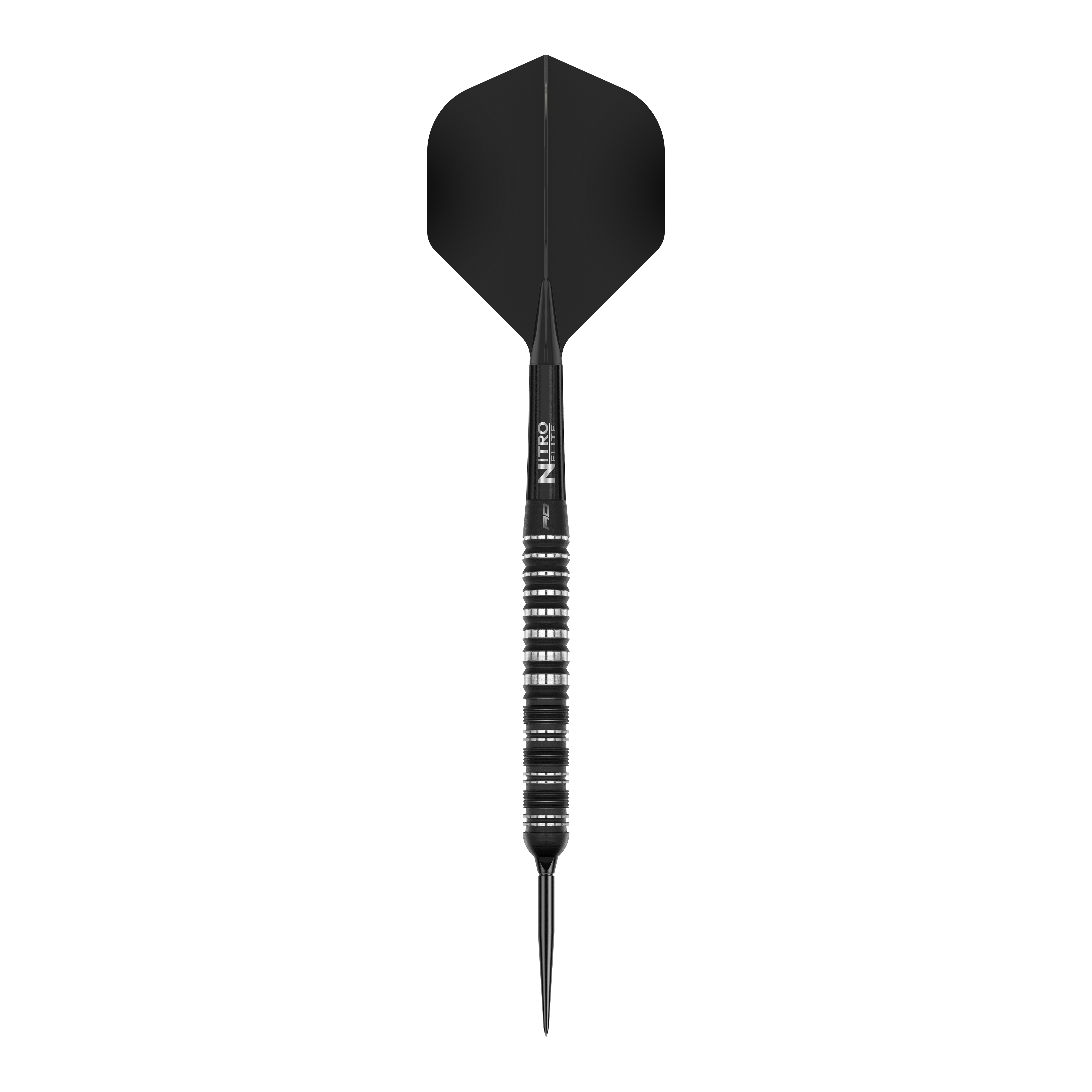 Das Bild zeigt die Red Dragon Sable Parallel Switch Point Steeldarts. Drei silberne Darts sind nebeneinander angeordnet gezeigt.