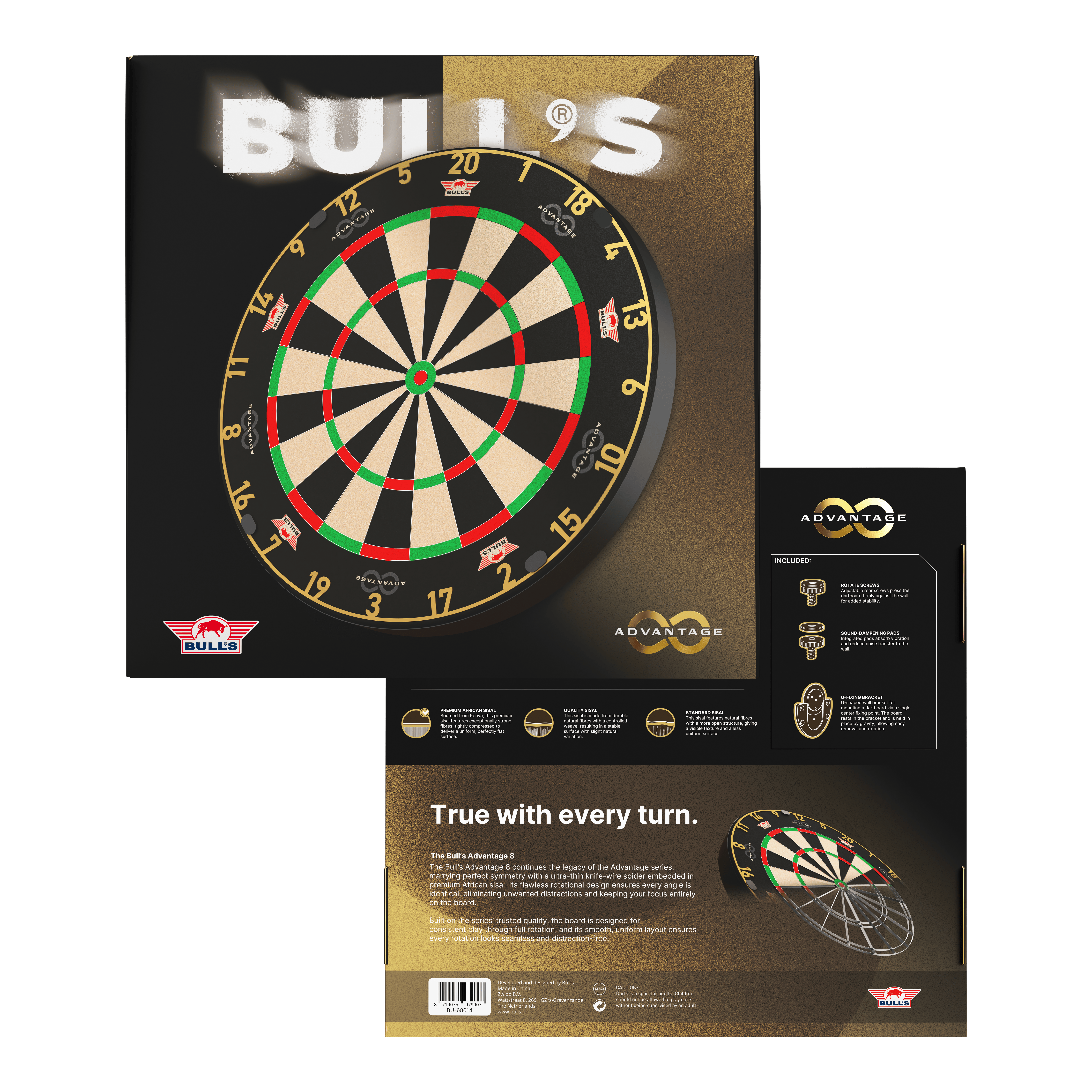 Zu sehen ist das Bulls NL Advantage 8 Steeldartboard. Die Steeldartscheibe besteht aus robustem Material für lange Spielzeiten.