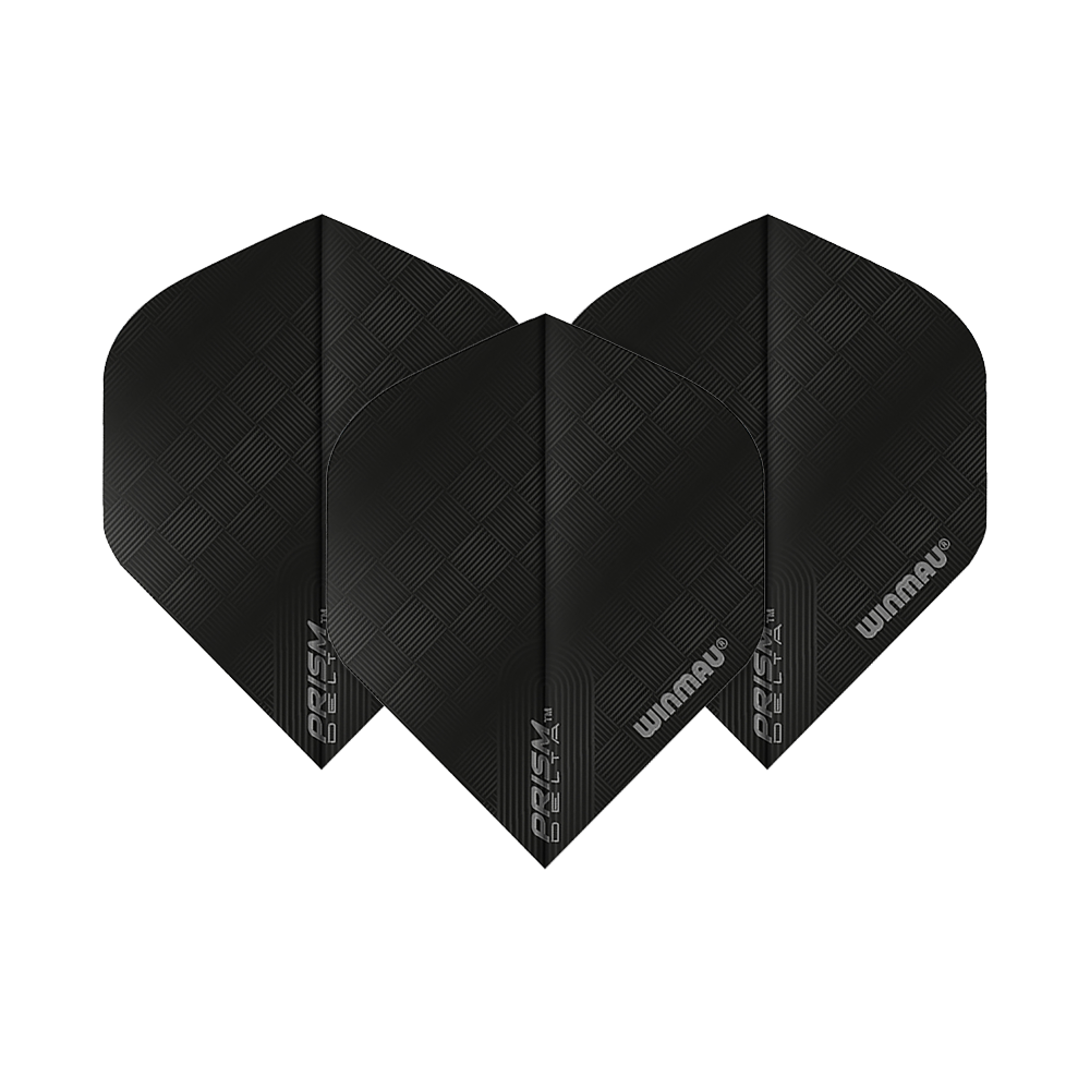 6915-201_Winmau_Prism_Delta_6915-201_Standard_Flights_1xRb3m8bLQuy6Q Das Bild zeigt drei schwarze Dart-Flights des Modells "Winmau Prism Delta 6915.201 Standard". Sie haben ein dezentes Karomuster und das Winmau-Logo ist darauf zu sehen.