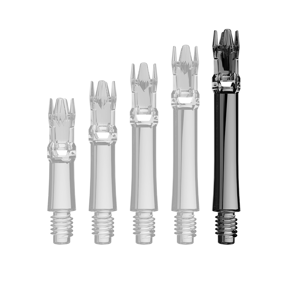 Das Bild zeigt eine transparente Ersatzshaft in Schwarz. Die Shaft ist schlank und wird von oben präsentiert.