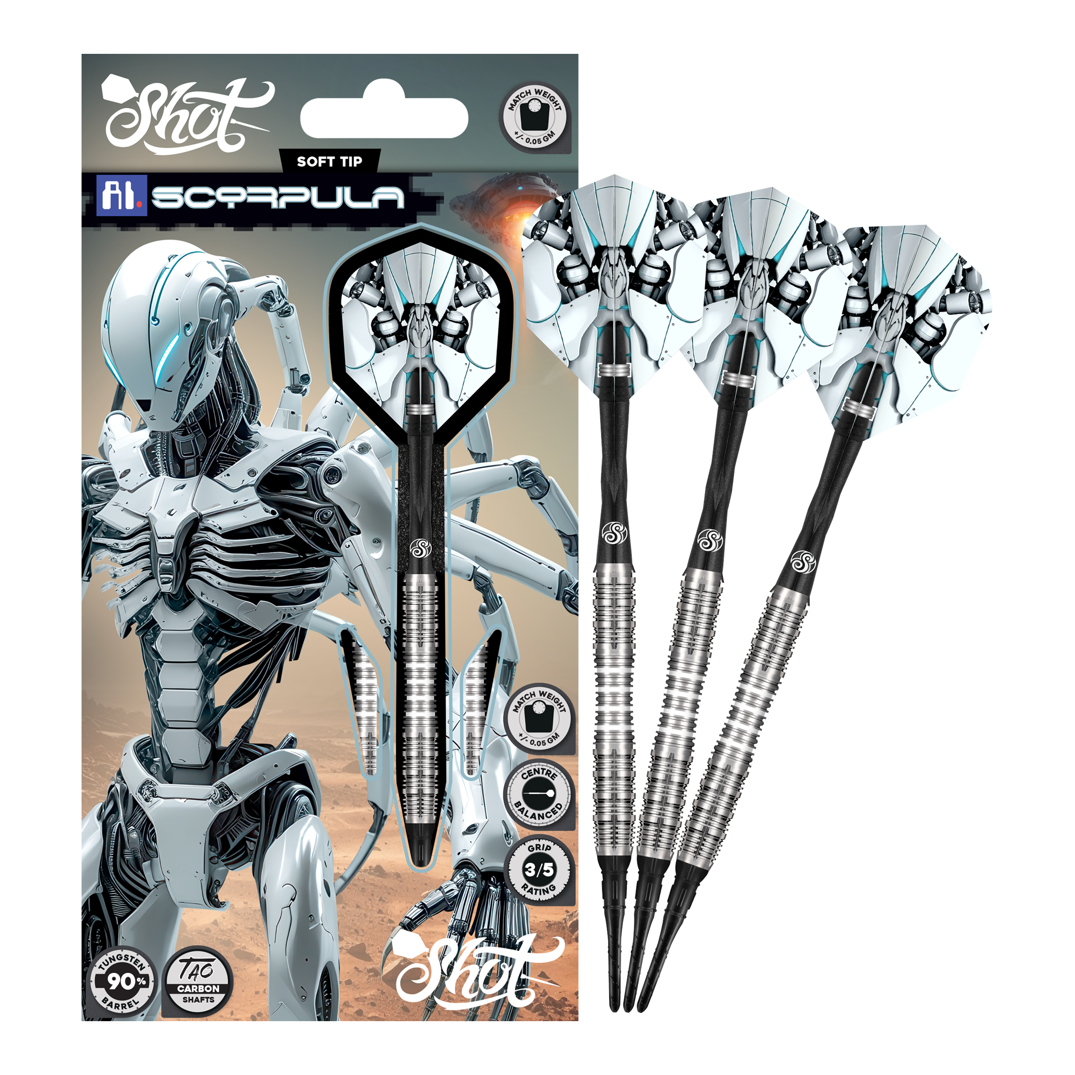 Shot AI Scorpula Soft Darts - 20g Hier ist der Shot AI Scorpula Softdarts - 20g in voller Länge dargestellt. Der Dart zeichnet sich durch seine hochwertige Verarbeitung aus.