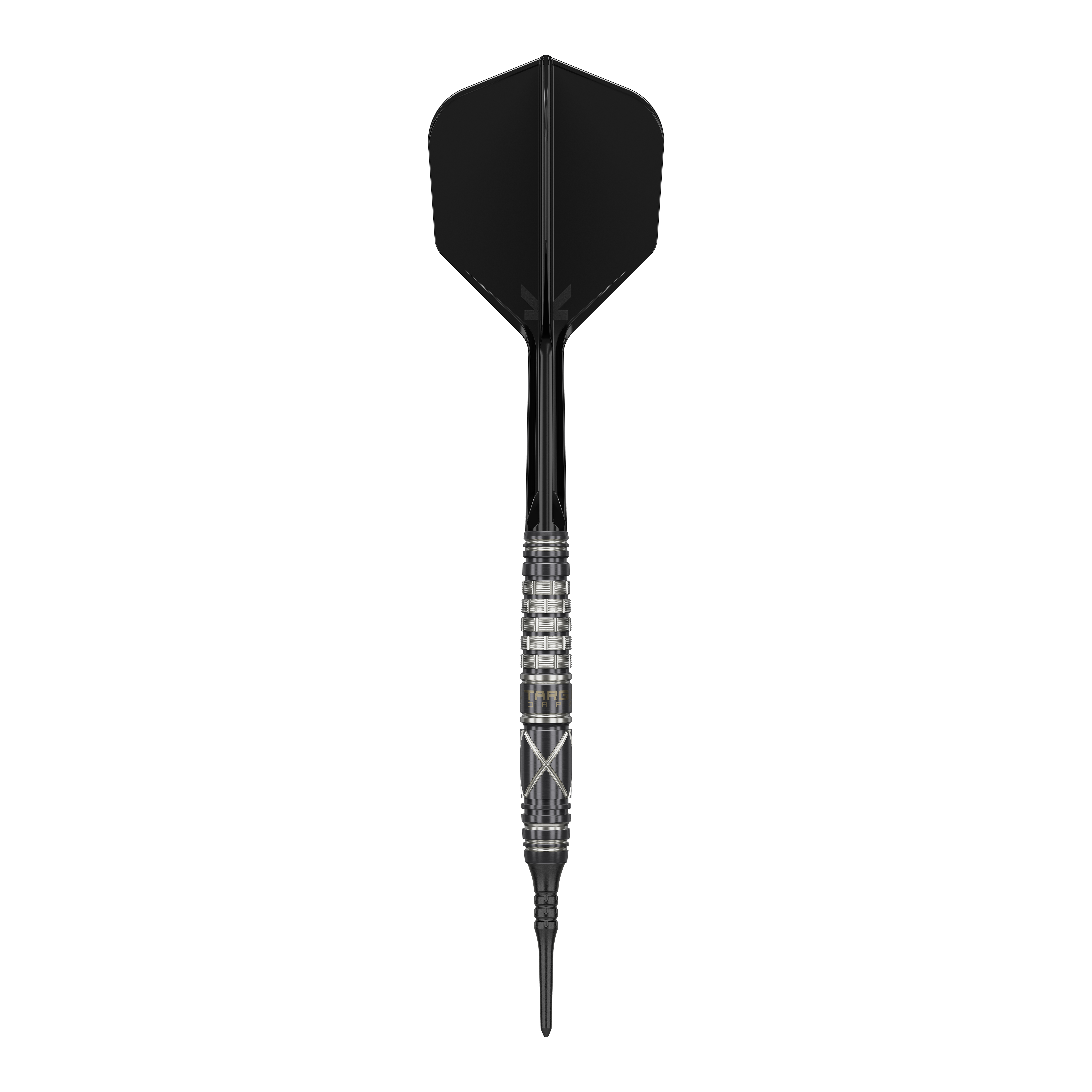 Target Japan Black Marque Chaos 2 Soft Darts - 19g Das Bild zeigt einen Softdart namens "Target Japan Black Marque Chaos 2" mit einem Gewicht von 19 Gramm. Der Dart hat ein elegantes, schwarzes Design mit silbernen Akzenten am Griff.