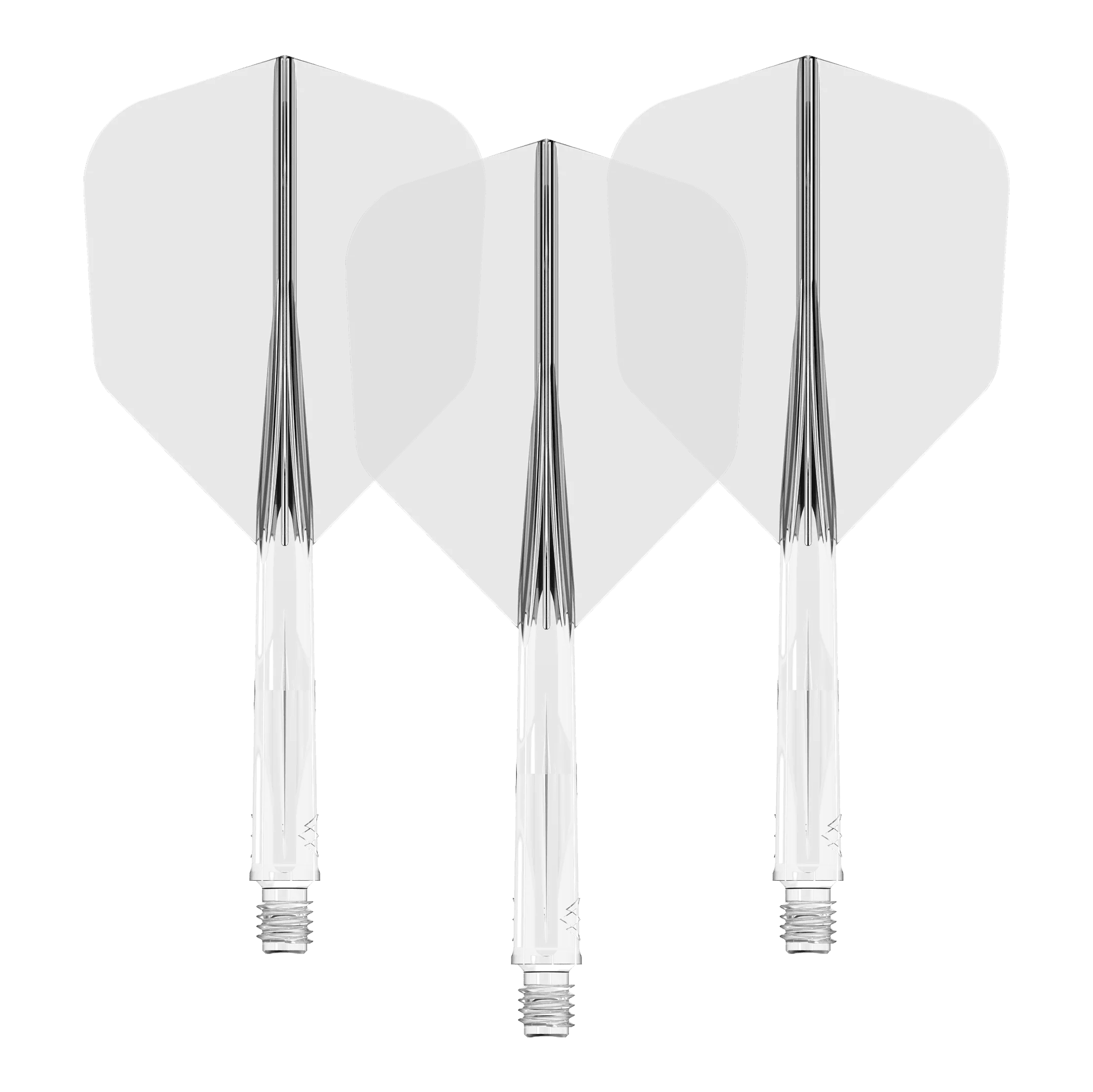 Mission Force 90 No6 Flight Shaft System - Clear Das Bild zeigt drei durchsichtige Dartschäfte mit weißen Flights. Sie sind nebeneinander in einer Reihe angeordnet.