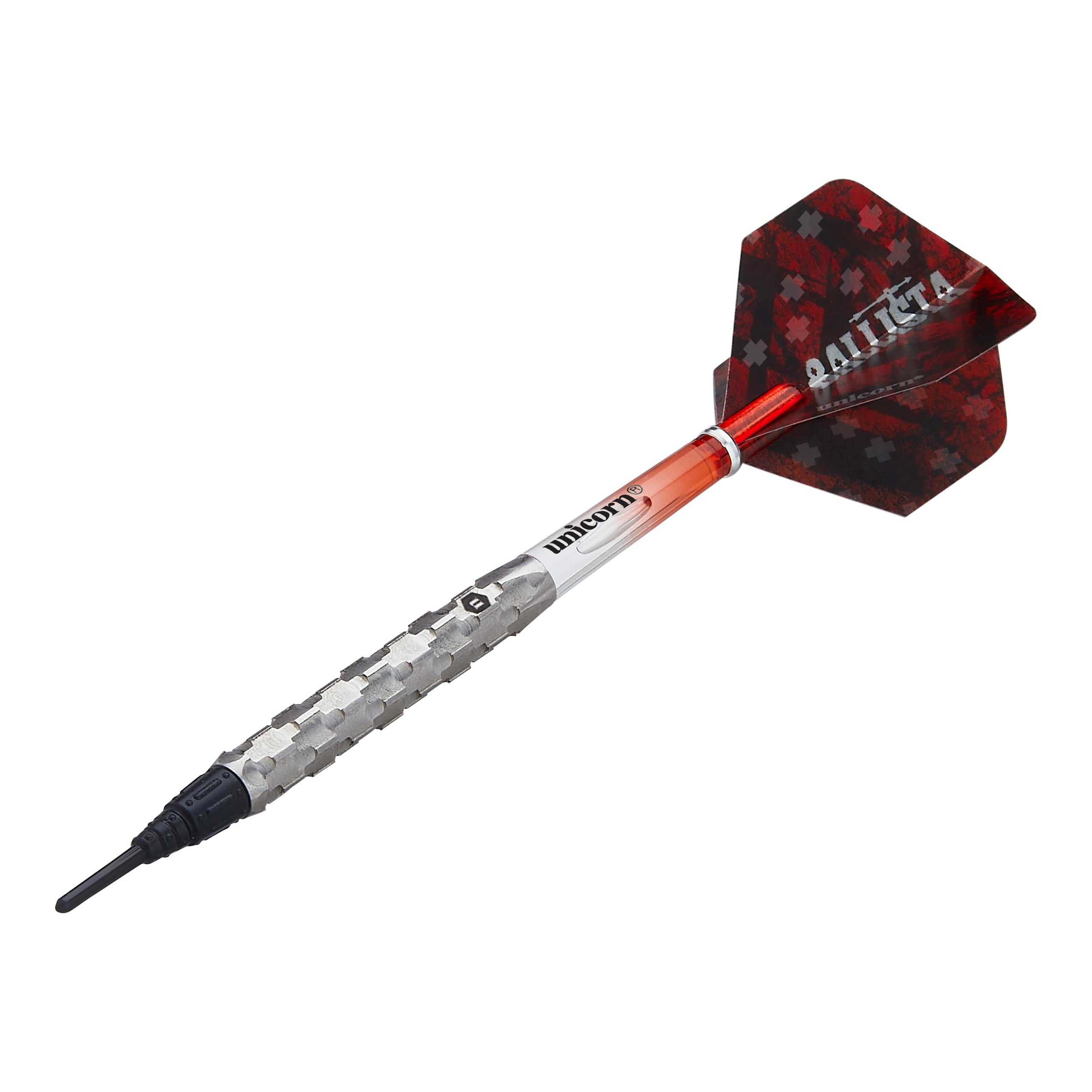 Unicorn Ballista Style 1 soft darts Das Bild zeigt einen Unicorn Ballista Style 1 Softdart. Der Dart hat ein silbernes Griffstück, einen roten Schaft und schwarze Flights mit der Aufschrift "BALLISTA".
