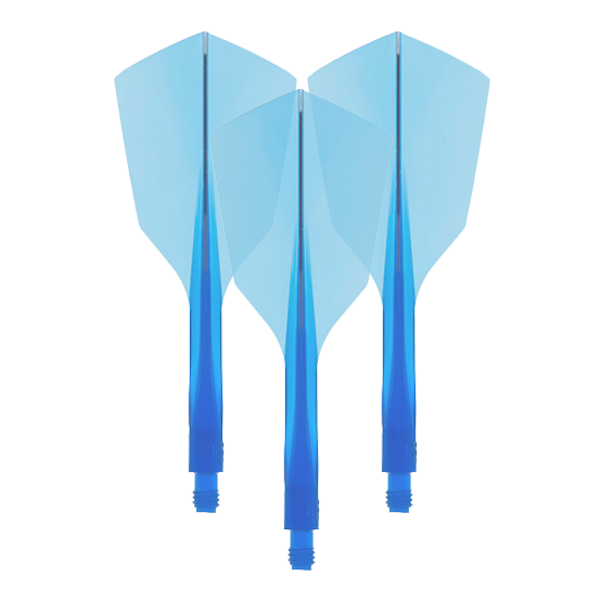 Condor Ax 120 Flight System Clear Blue - Narrow Das Bild zeigt drei blaue Dart-Flights mit integriertem Schaft. Es handelt sich um das Produkt "Condor Axe 120 Flight-System Clear Blue - Narrow".