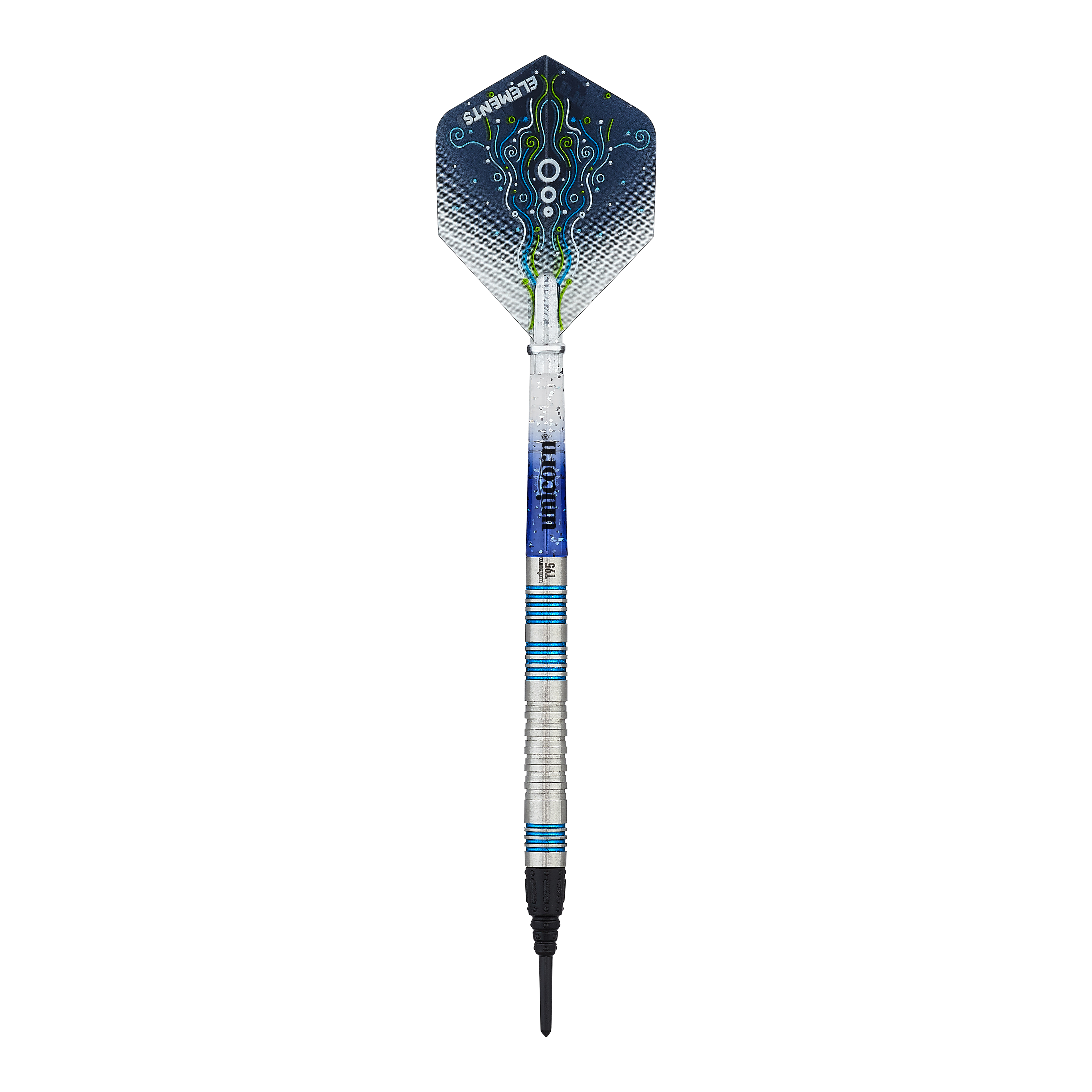Das Bild zeigt einen Unicorn T95 Core XL Blue Softdart. Der Dartpfeil hat blaue und silberne Akzente sowie ein grafisch gestaltetes Flight-Design.