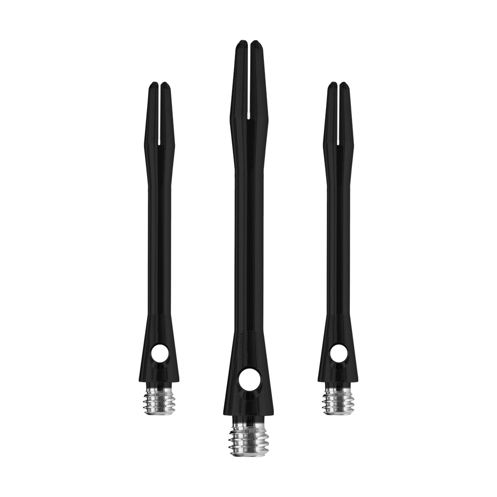 HR367_Harrows_Keramic_Shafts_Schwarz_41mm_1opZXbvCLssjsK Das Bild zeigt drei matt schwarze Harrows Keramic Shafts für Darts. Sie sind unterschiedlich lang und haben ein silbernes Gewinde am unteren Ende.