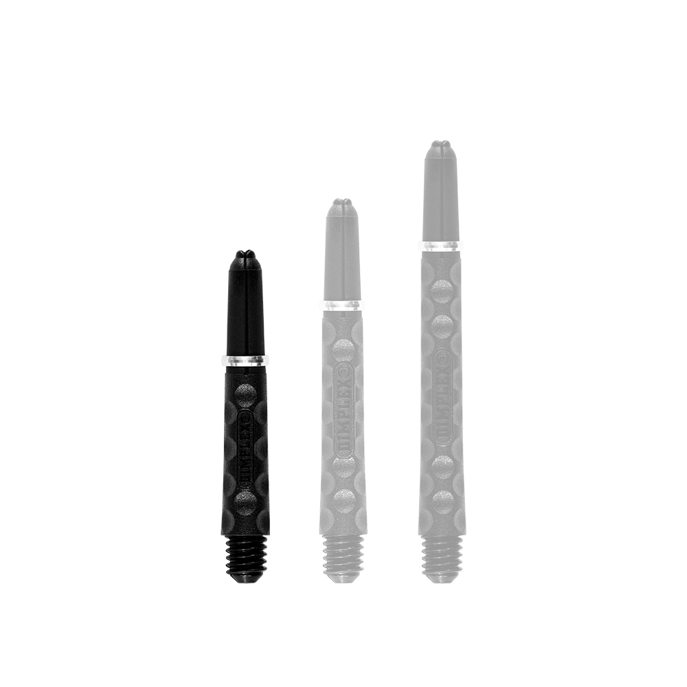 Harrows Dimplex Shafts - Schwarz Auf dem Bild sind drei schwarze Dartschäfte in verschiedenen Längen zu sehen. Sie haben eine strukturierte Oberfläche und einen silbernen Metallring.