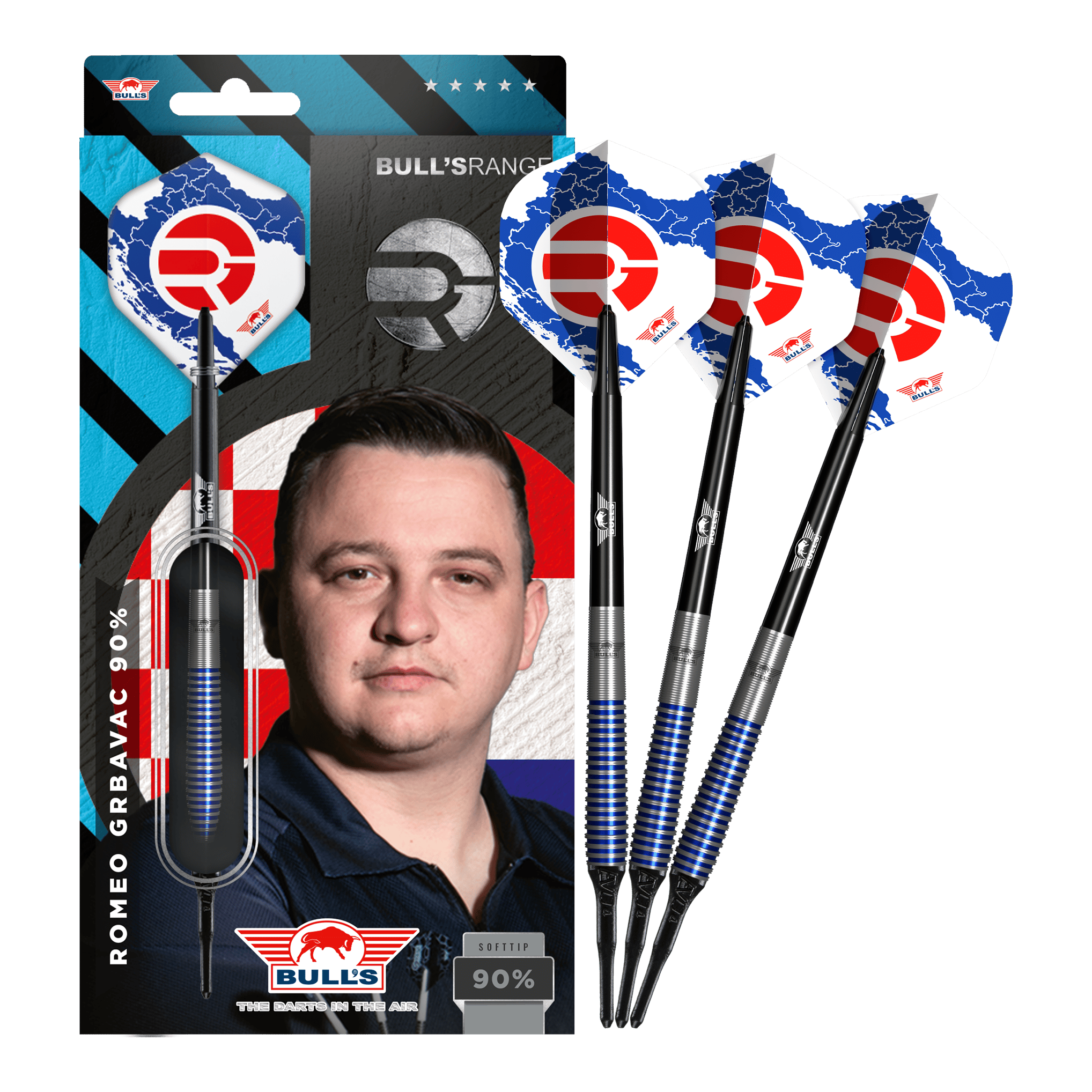 Bulls NL Romeo Grbavac soft darts - 19g Das Bild zeigt das Produkt "Bulls NL Romeo Grbavac Softdarts- 19g" mit einer Verpackung, auf der ein Porträt des Spielers abgebildet ist. Neben der Verpackung sind drei Softdarts mit blau-schwarzen Schäften und auffälligen Flights zu sehen.