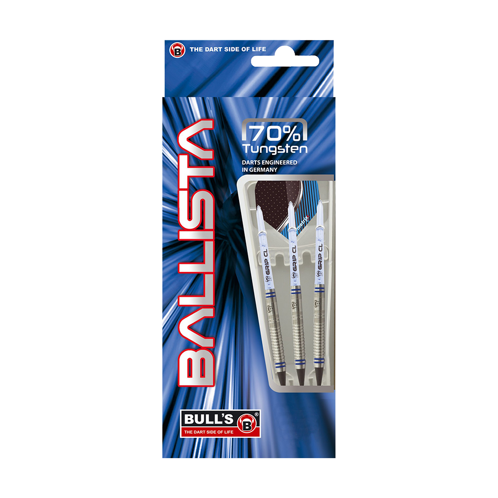 18218-Bulls-Ballista-B1-Softdarts-3-4-Bulls-ConeCase Das Bild zeigt die Verpackung der "Bulls Ballista B1 Softdarts - 18 g". Die Darts bestehen zu 70 % aus Tungsten und sind in einer blauen Verpackung präsentiert.