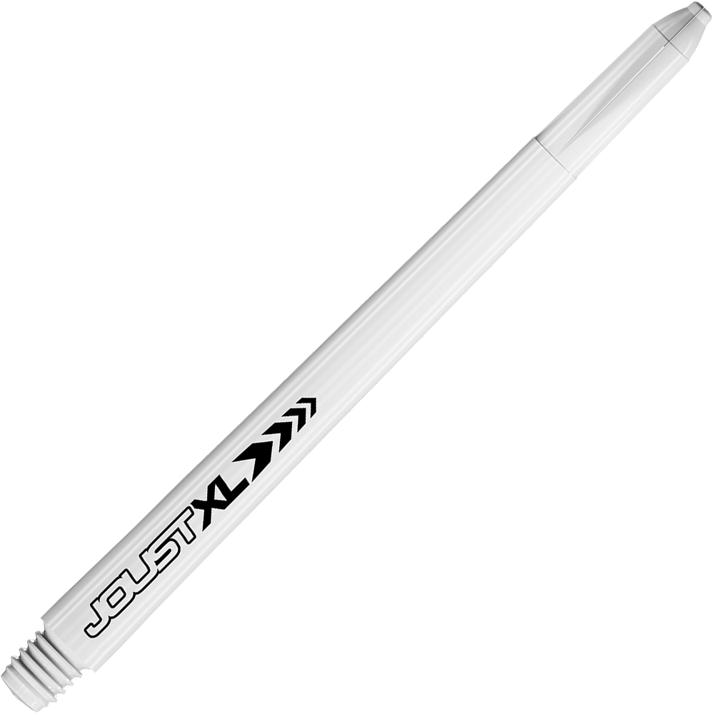 C817_Red_Dragon_Joust_XL_Shafts_Weiss_65mm_2 Das Bild zeigt einen weißen Dart-Schaft mit der Aufschrift "JOUST XL". Es handelt sich um das Produkt "Red Dragon Joust XL Shafts - Weiß - 65mm".
