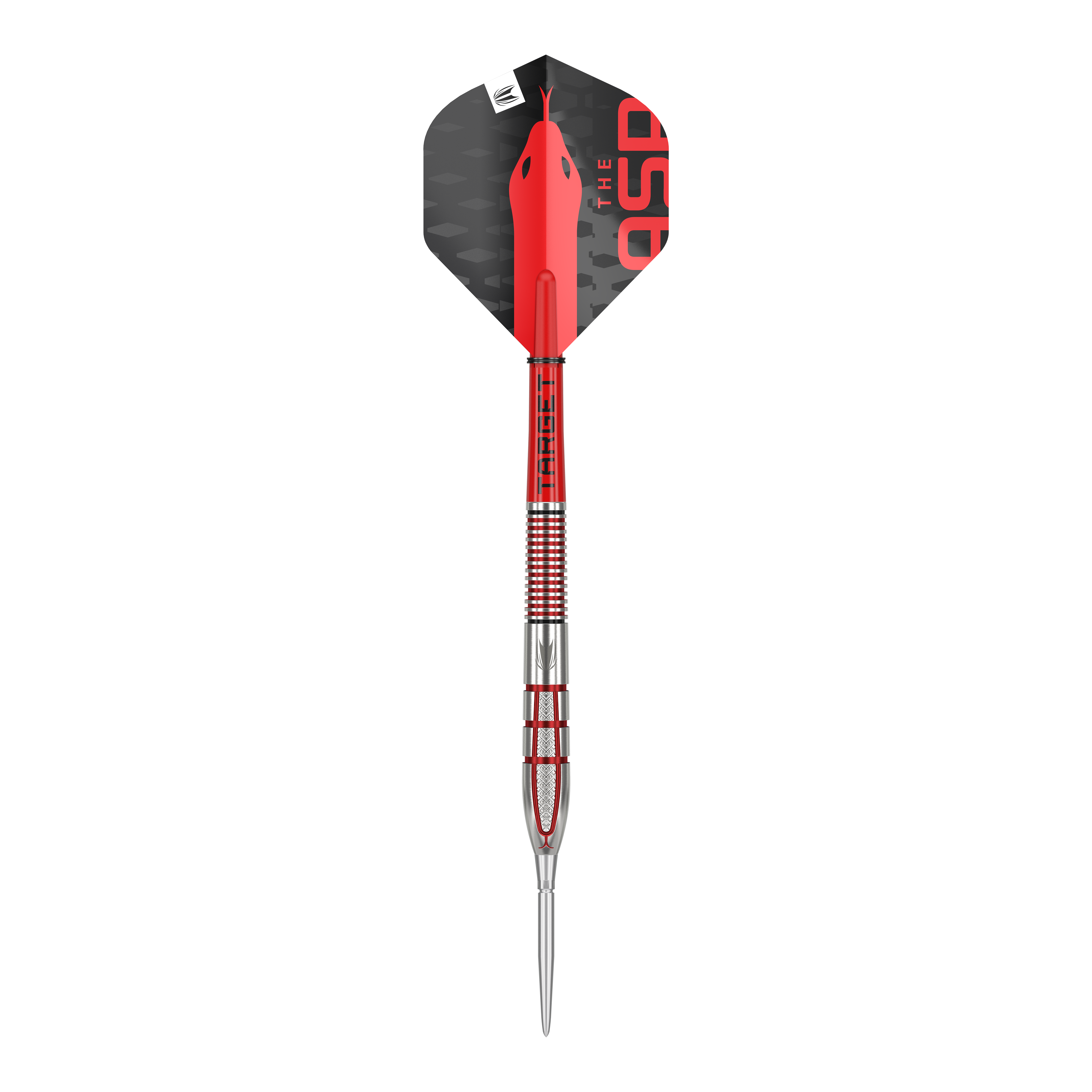 Target Nathan Aspinall GEN2 Swiss Point steel darts Auf dem Bild ist ein moderner Steeldartpfeil mit roten und silbernen Akzenten zu sehen. Das Flight-Teil ist schwarz mit roten Details und der Spitze zeigt nach unten.