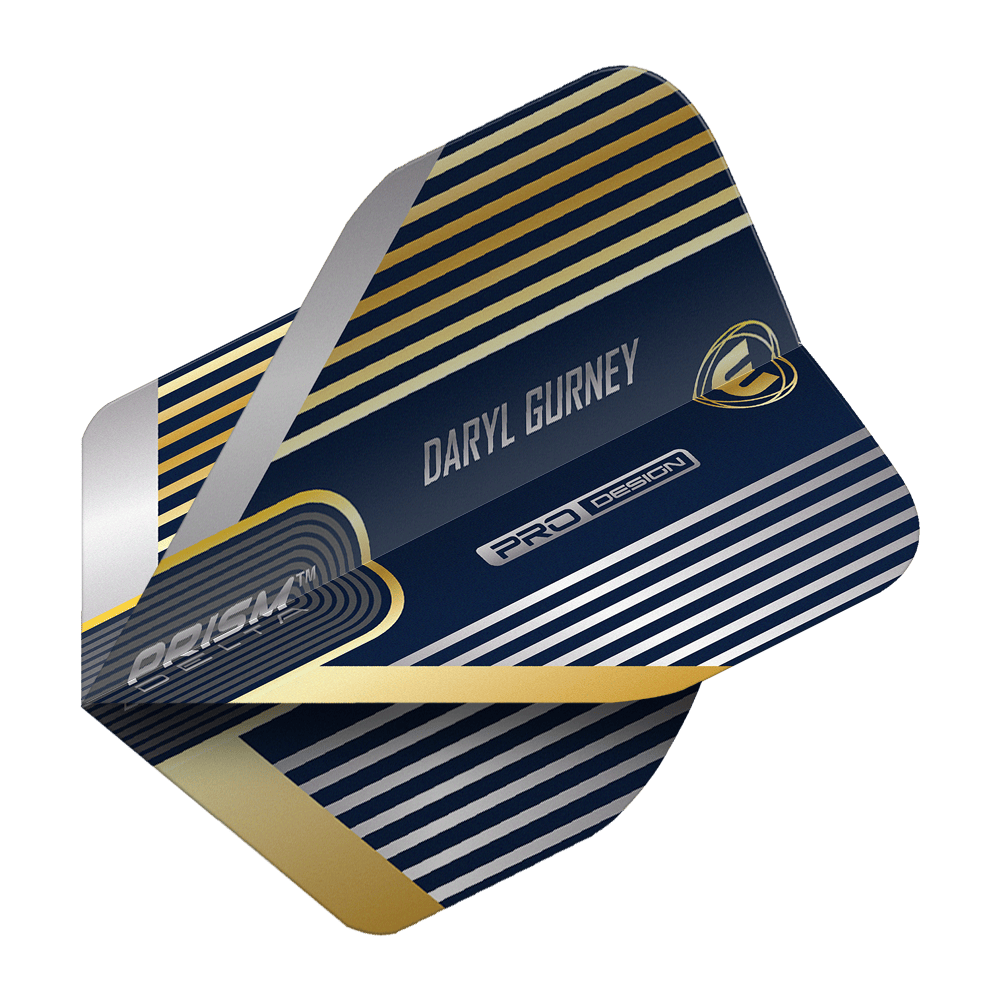 Winmau Prism Delta Daryl Gurney No2 Standard Flights Das Bild zeigt ein Dartflight mit dem Namen "Winmau Prism Delta Daryl Gurney No2 Standard Flights". Das Design ist dunkelblau mit silbernen und goldenen Streifen sowie dem Schriftzug "Daryl Gurney".