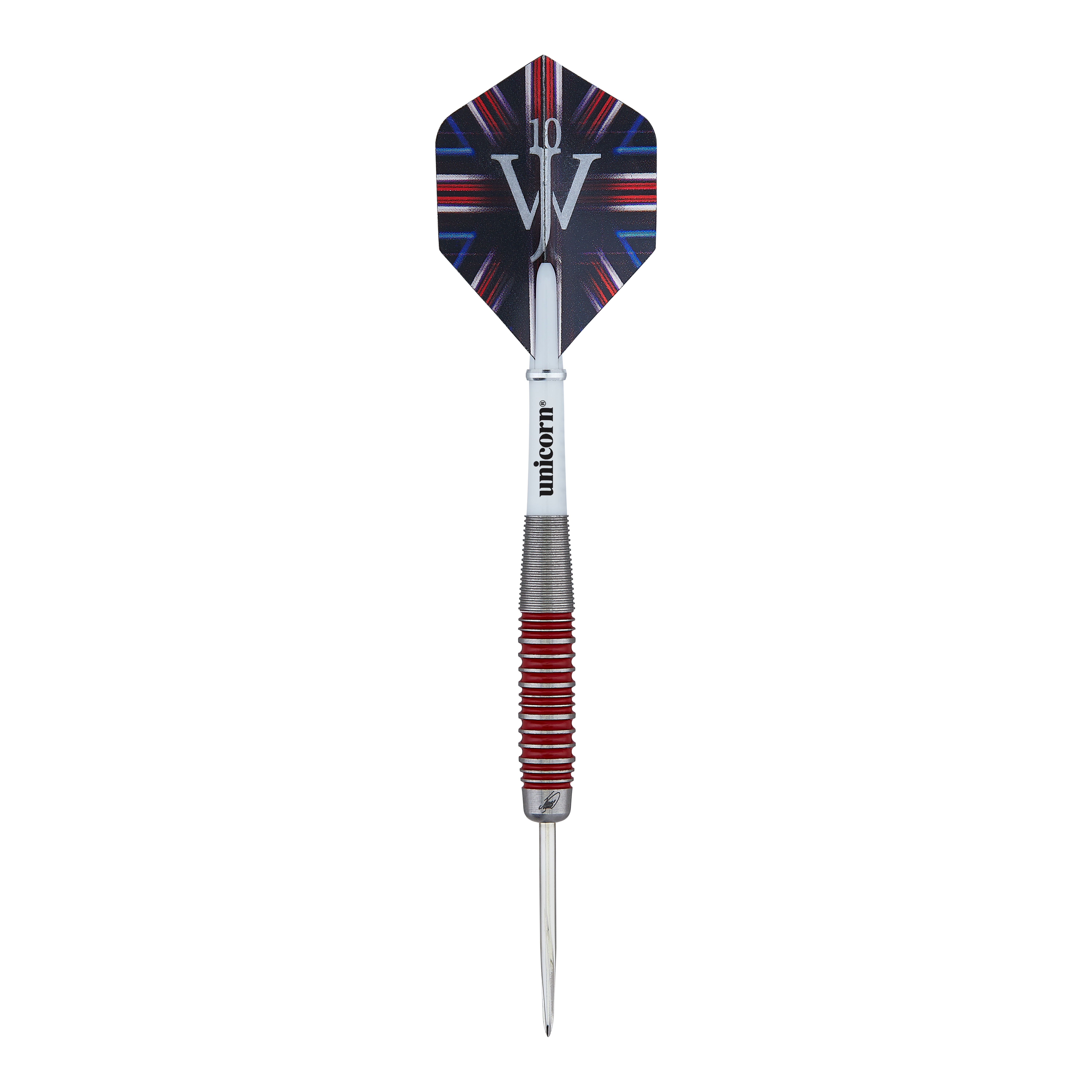 Auf dem Bild ist ein Steeldart der Marke Unicorn zu sehen, Modell "The Machine James Wade 90%". Der Dart hat ein silbernes Griffstück mit roten Ringen und eine Flight mit dem Logo "JW".